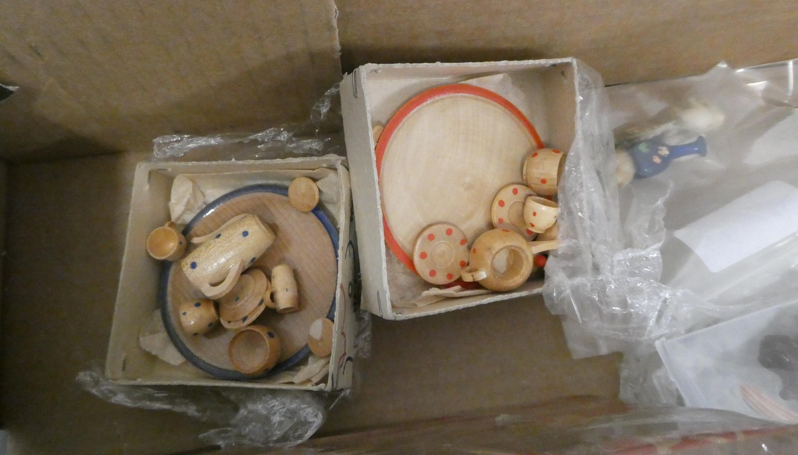 A box of doll's house accessories & furniture, including wood ceramic and celluloid examples, also Image