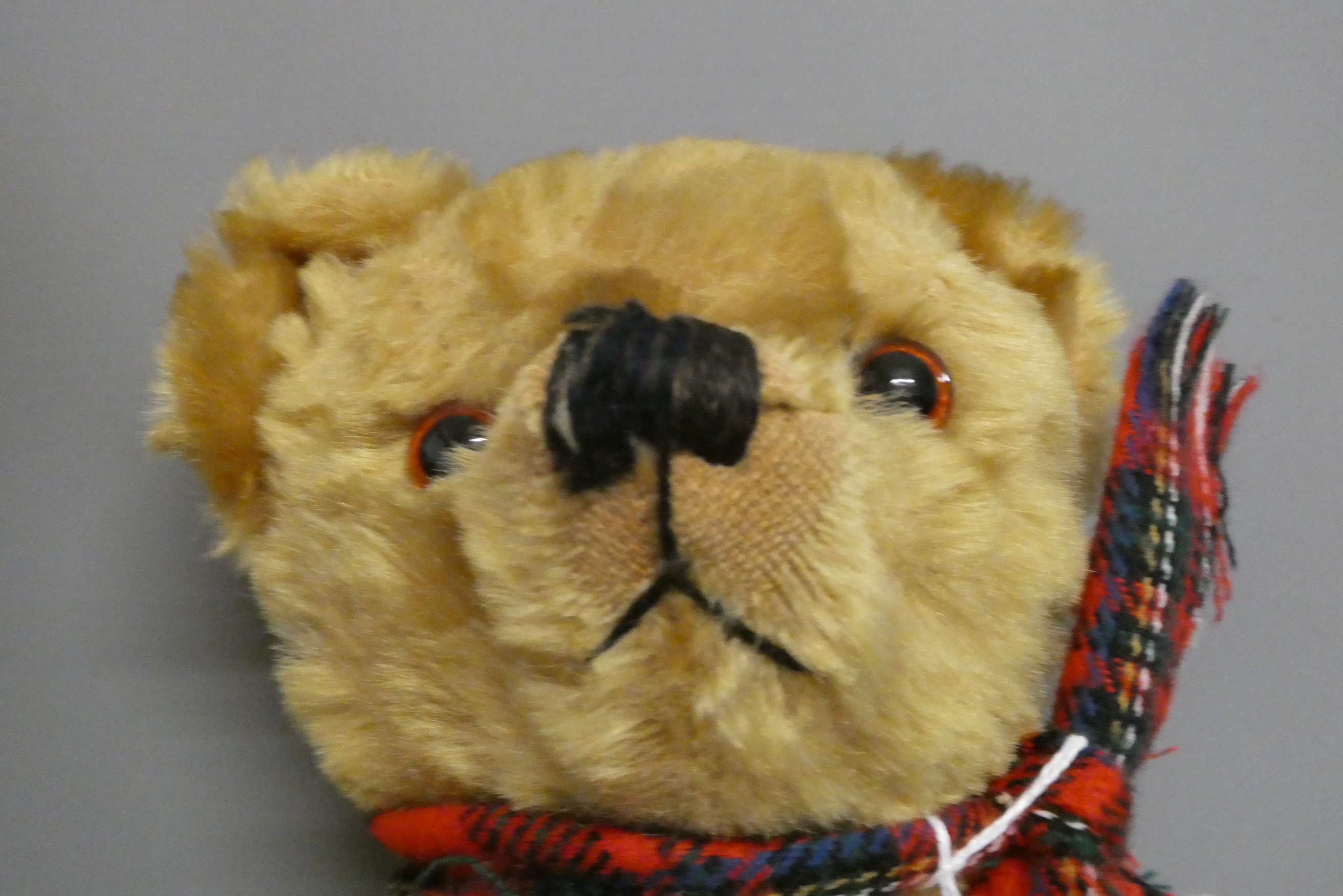 Twin Farnell teddy bears, with sewn noses, amber glass eyes, fabric pads and one with maker's label Image