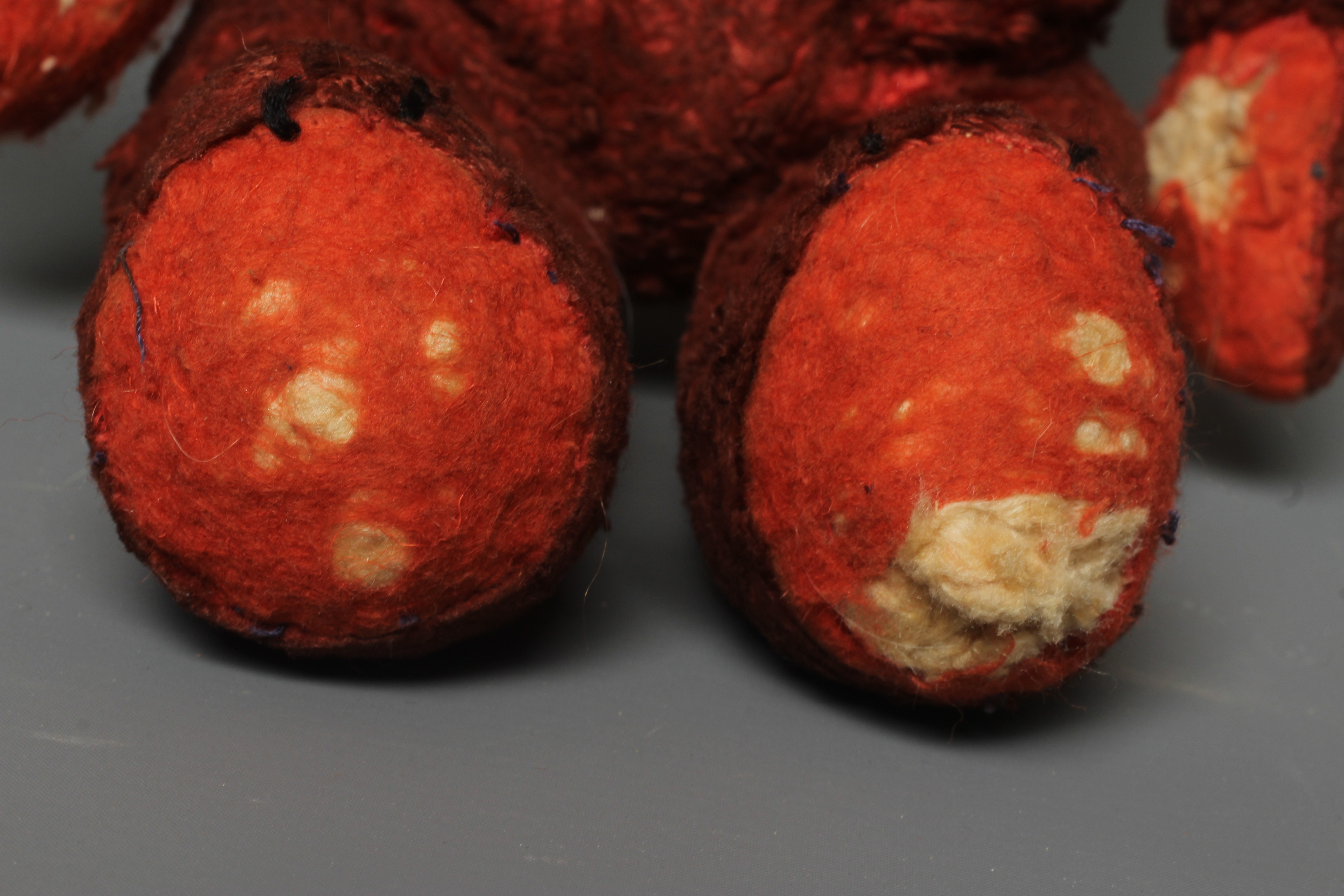 A pre-war red art silk teddy bear, possibly Chad Valley, with sewn nose, red glass eyes and felt Image