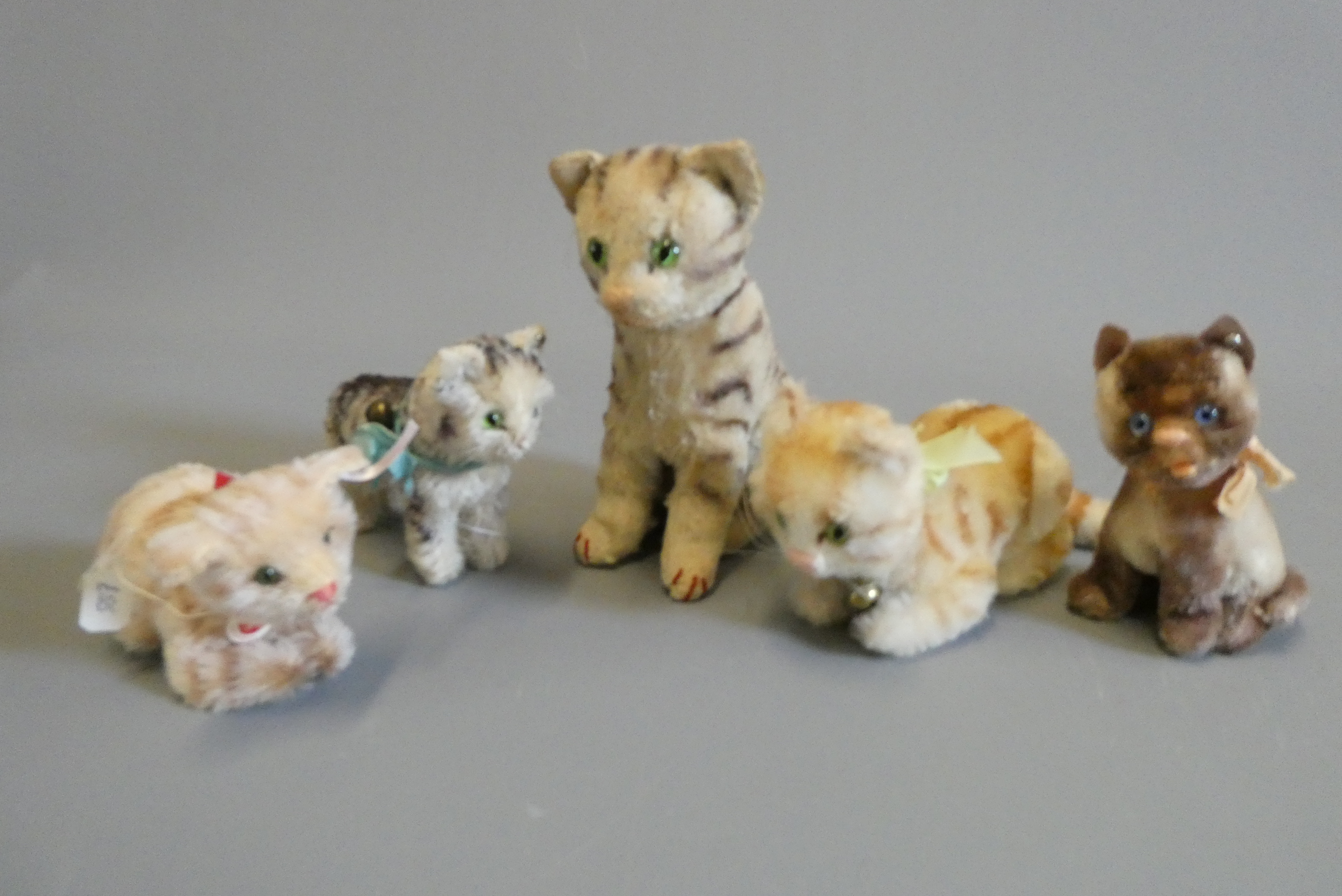 Five Steiff cats, most vintage and four with ear buttons, largest 6 3/8" tall (Est. plus 24% buyer's Image