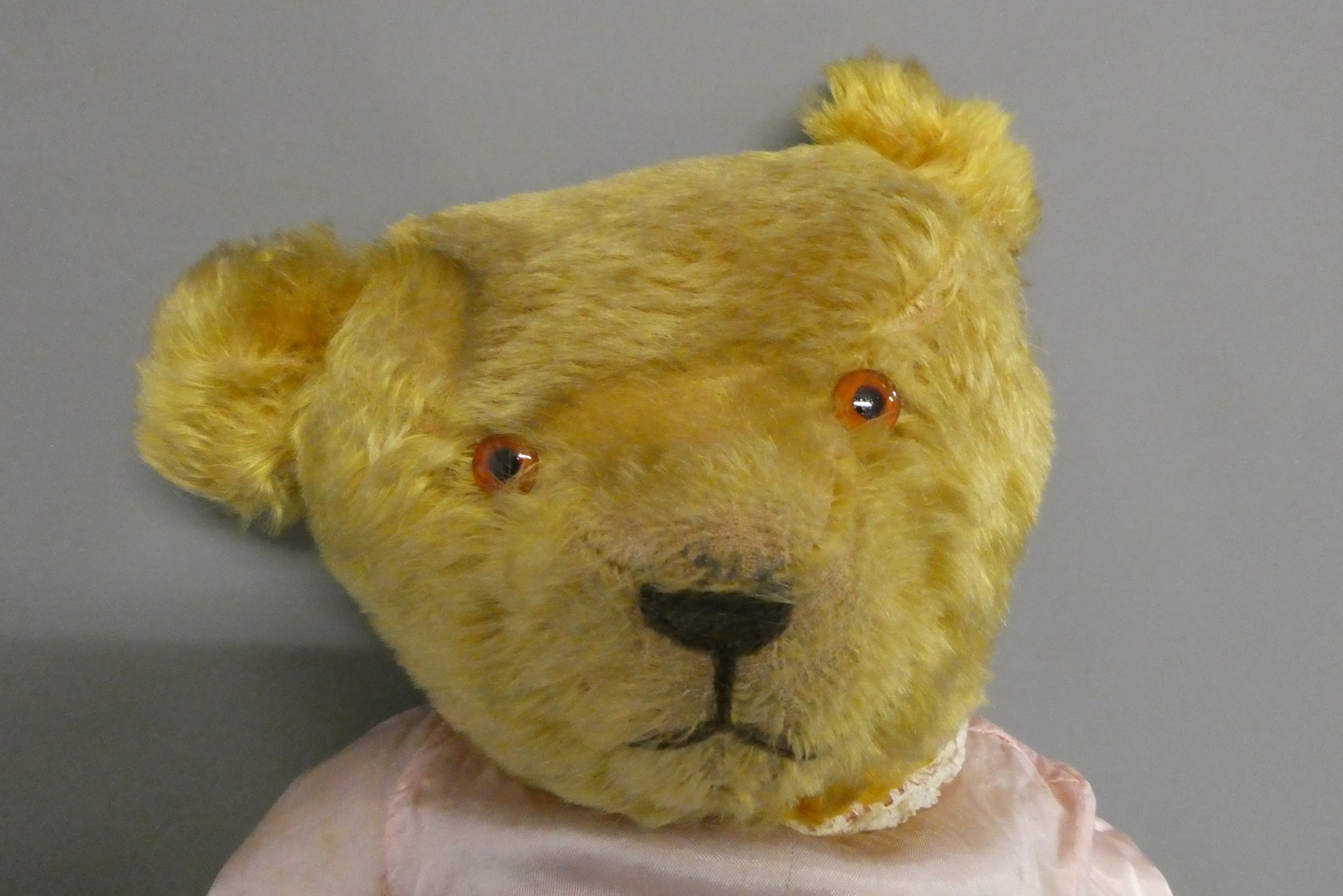 A pre-war teddy bear, with sewn nose, glass amber eyes, blond plush, pink felt pads and pink dress, Image