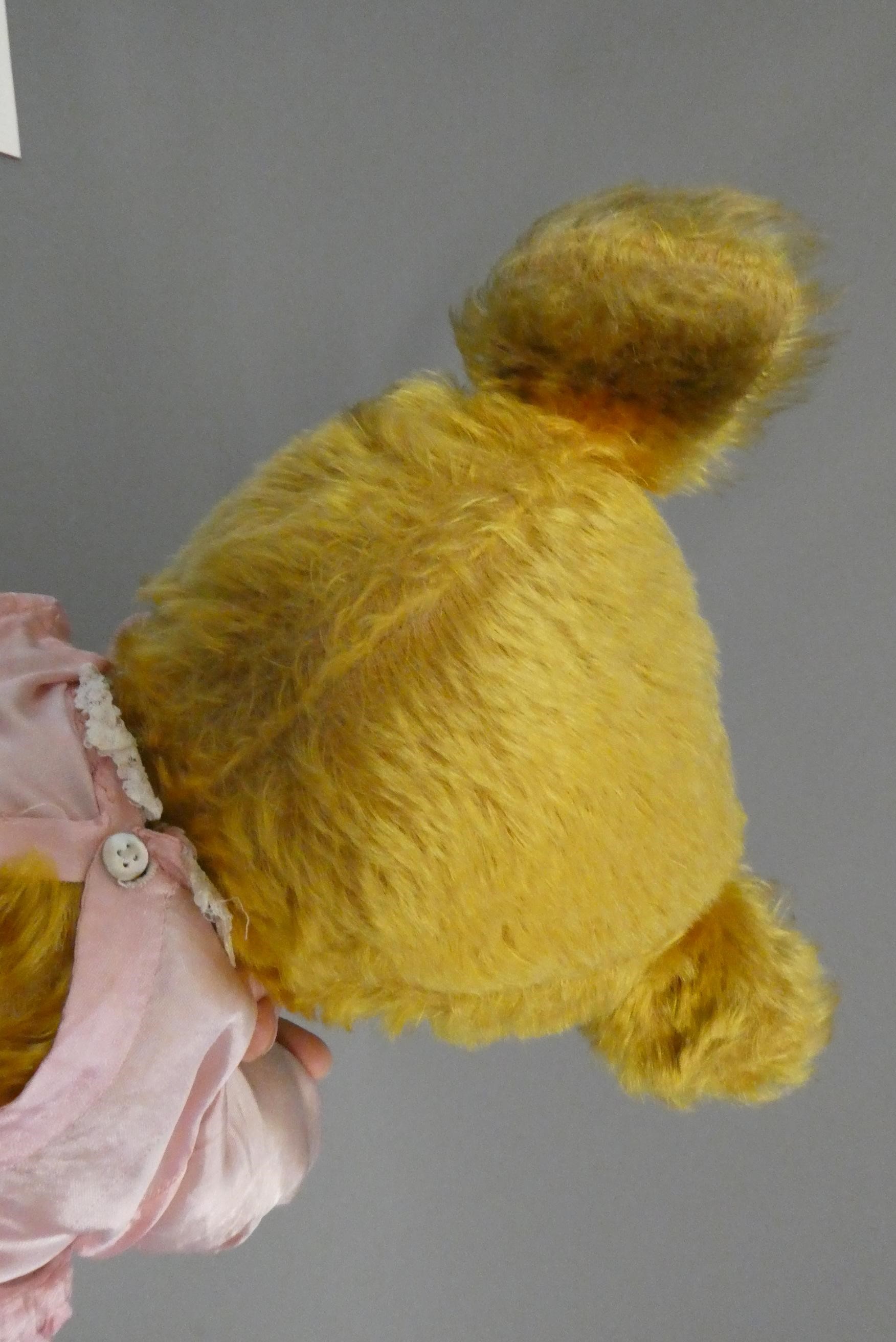 A pre-war teddy bear, with sewn nose, glass amber eyes, blond plush, pink felt pads and pink dress, Image