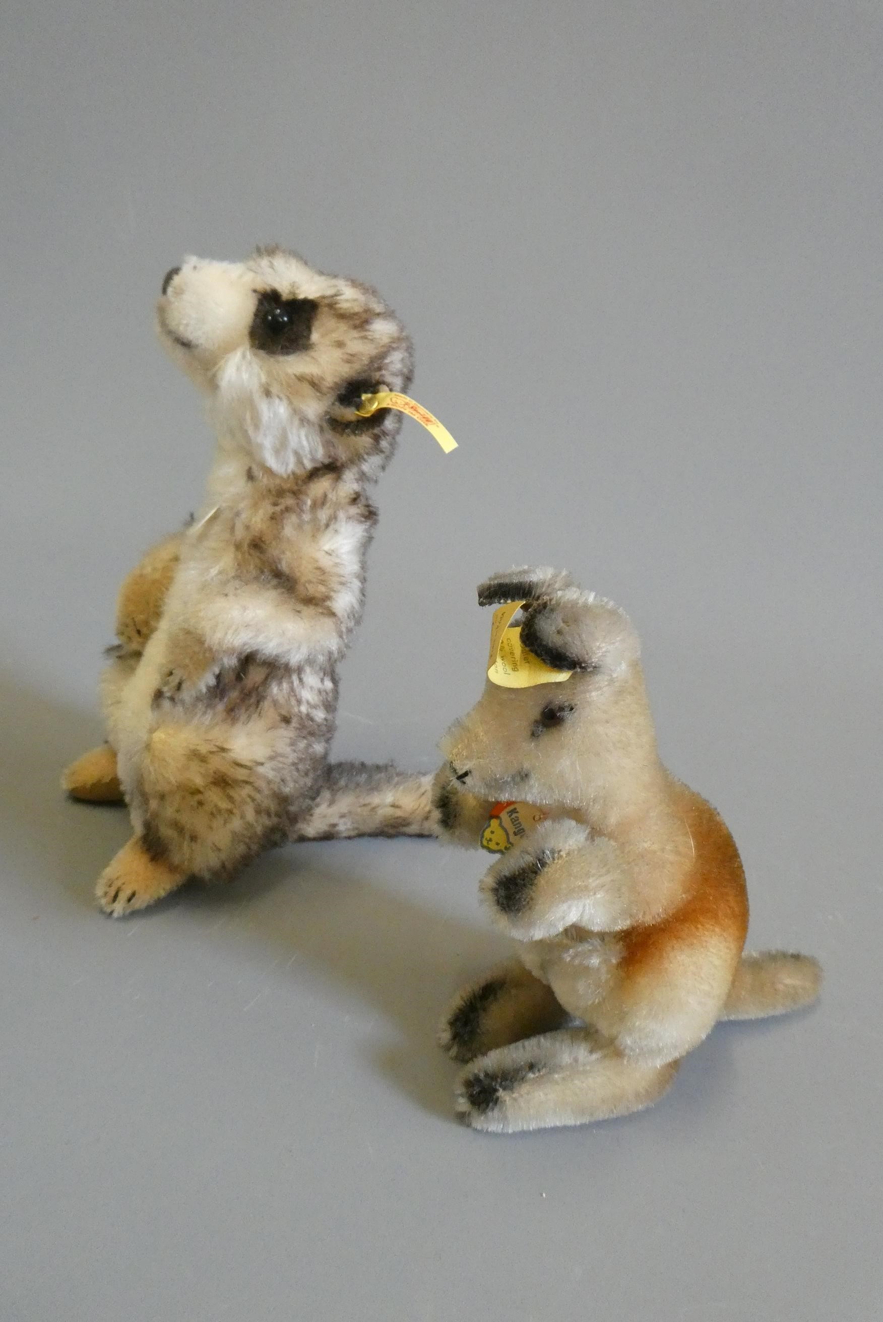 Five mostly Steiff animals, mostly vintage, including a tiger, a meercat, a camel and two kangeroos Image