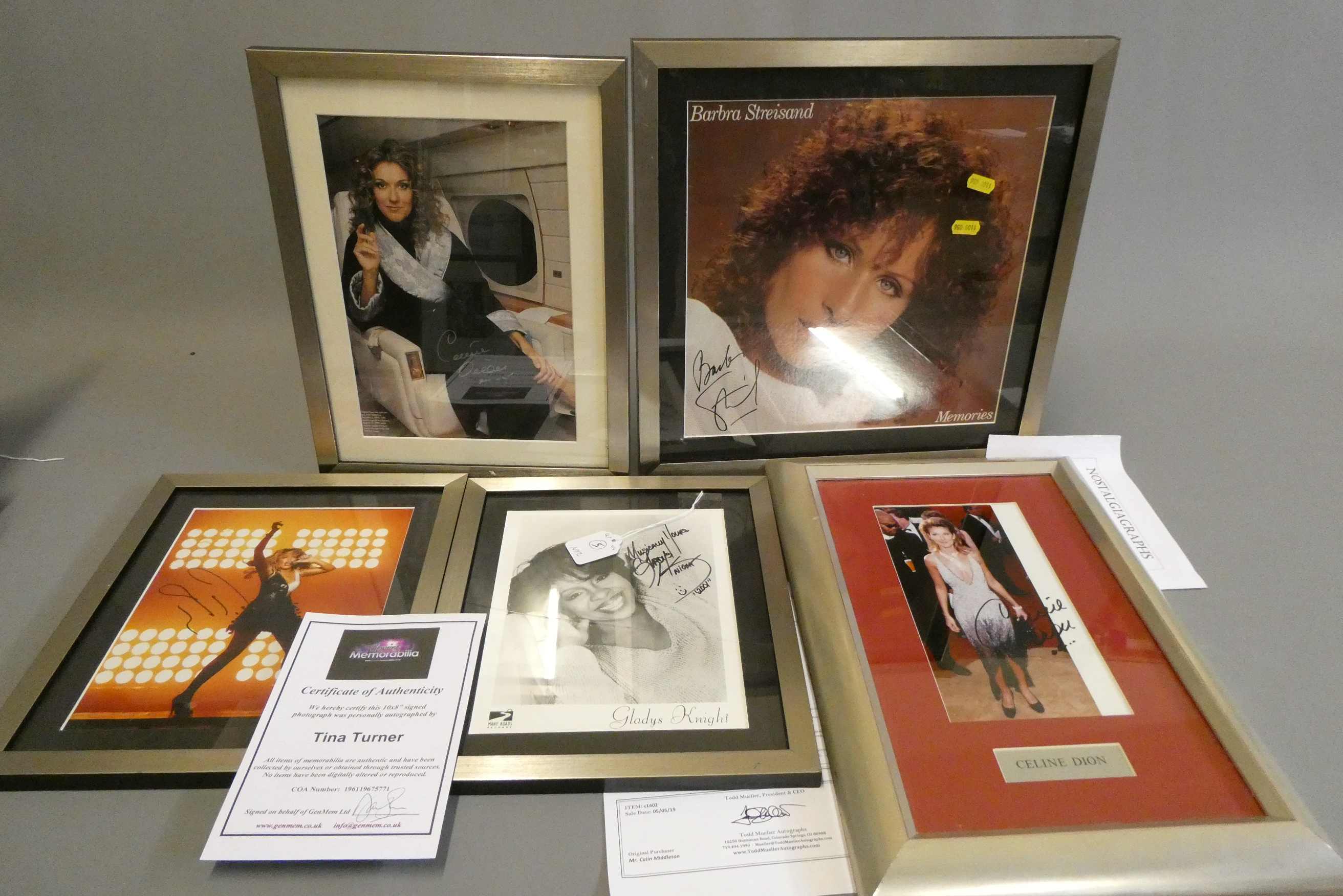 Five signed celebrity photographs comprising Tina Turner, Barbra Streisand, two Celine Dion and Image
