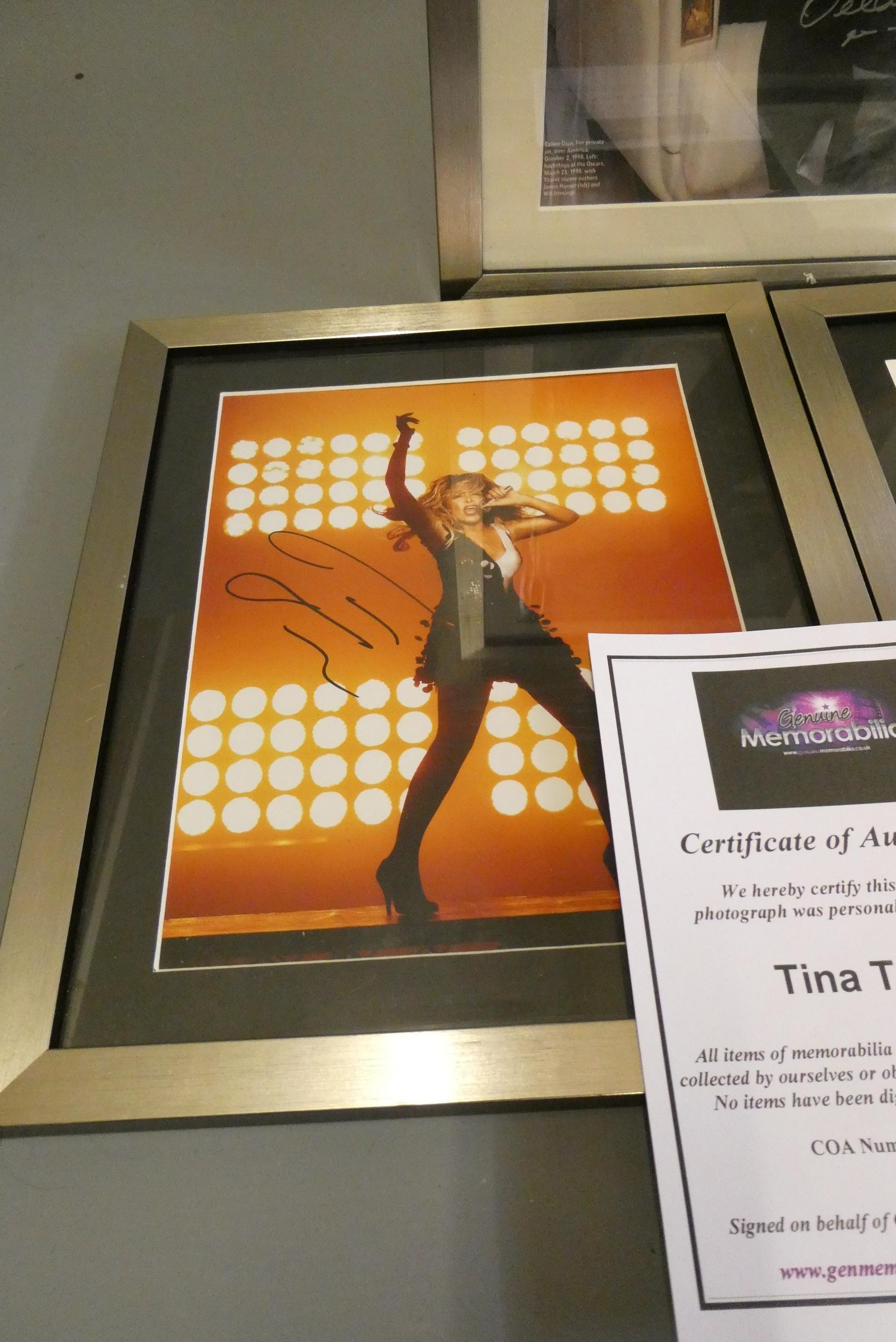 Five signed celebrity photographs comprising Tina Turner, Barbra Streisand, two Celine Dion and Image