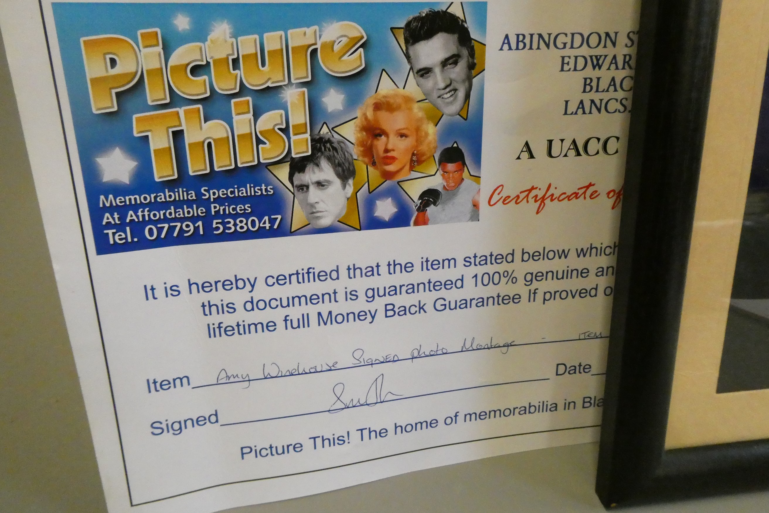 Signed photograph of Amy Winehouse, framed with Mark Ronson Valerie CD and with a "Picture This!" Image