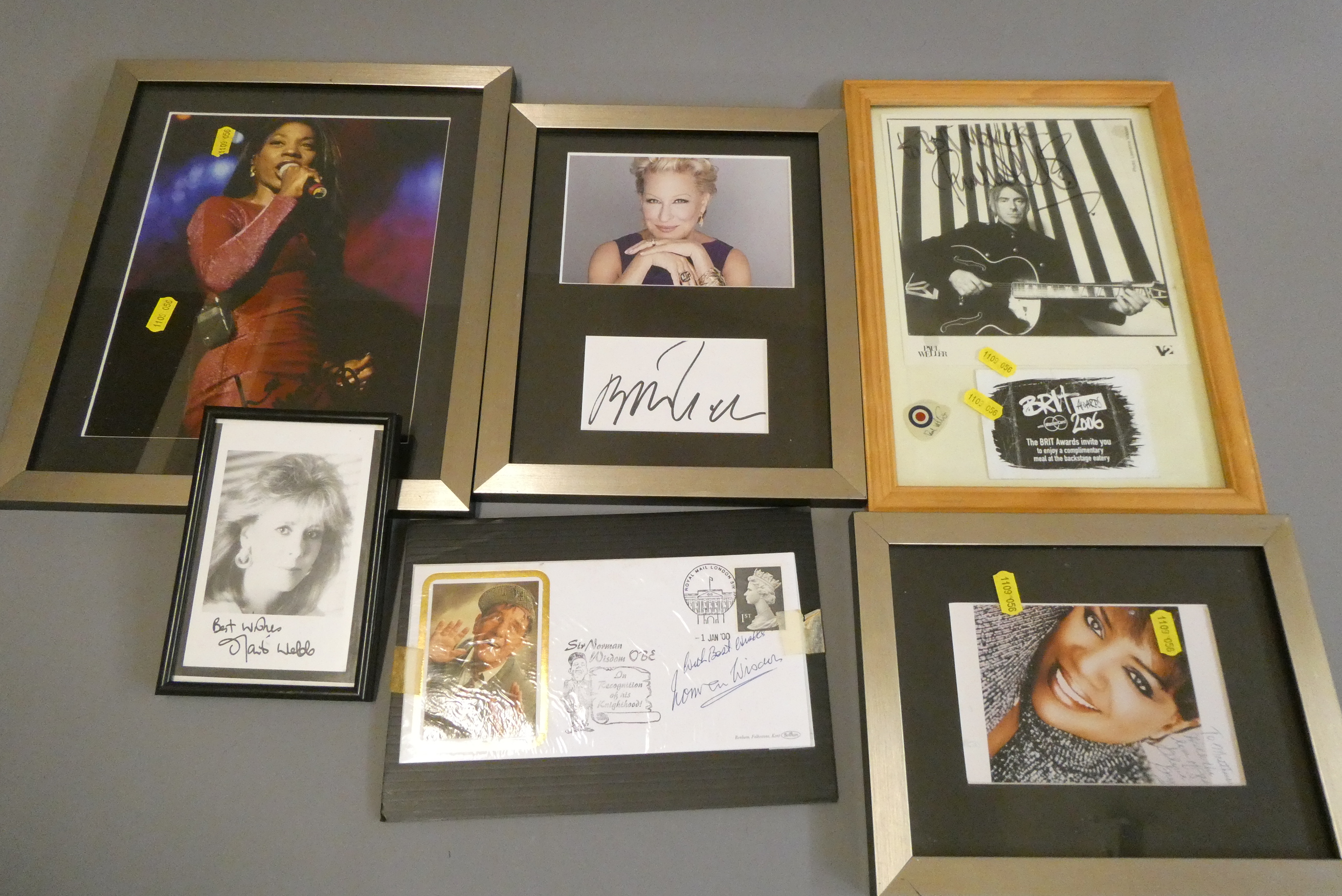 Six signed celebrity photographs comprising Paul Weller, Gloria Gaynor, Sir Norman Wisdom, Bette Image