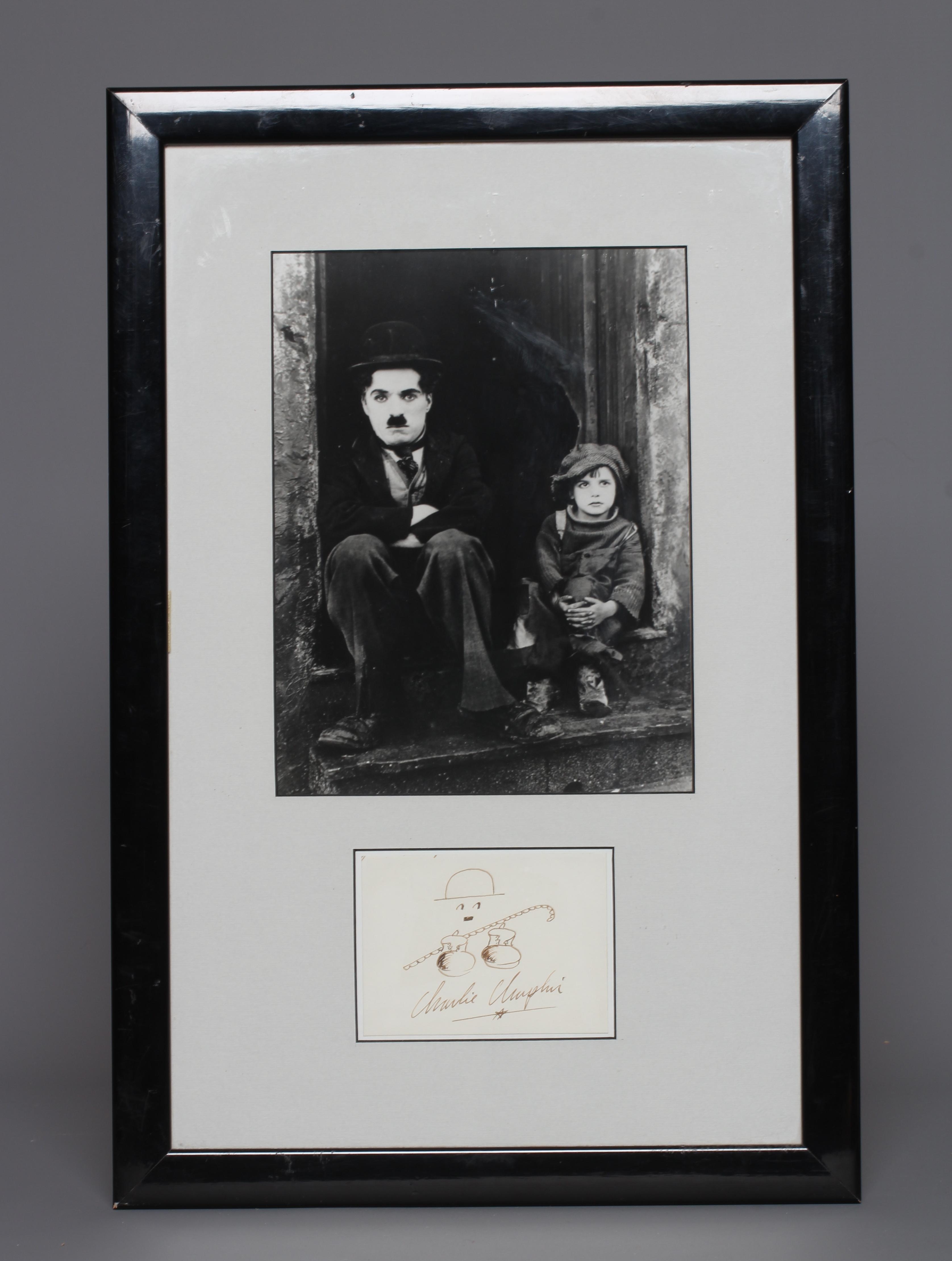 Charlie Chaplin autograph, together with small ink illustration and framed with a photograph, 12 Image