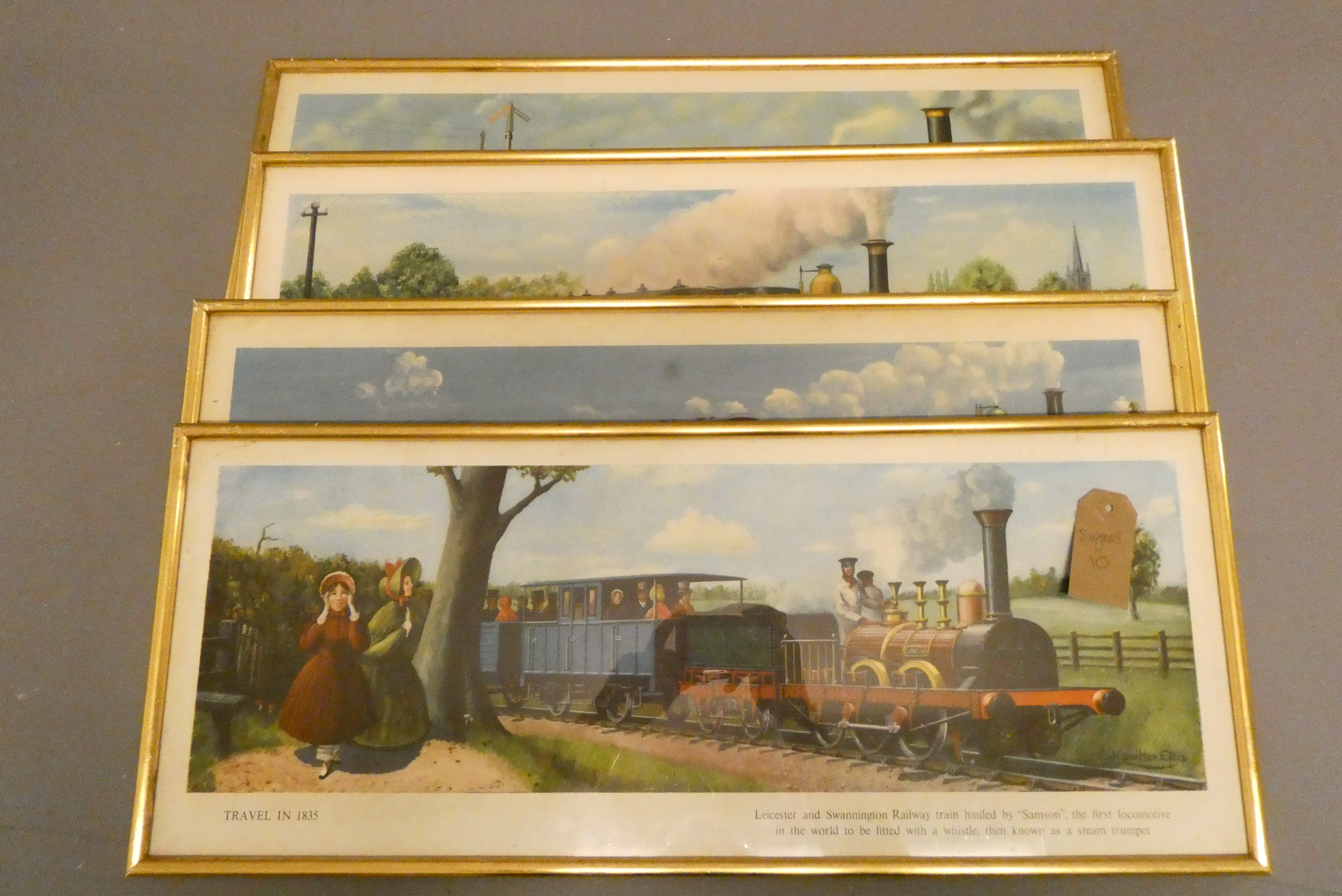 Four framed reproduction railway carriage prints showing early railway scenes (Est. plus 24% buyer's Image