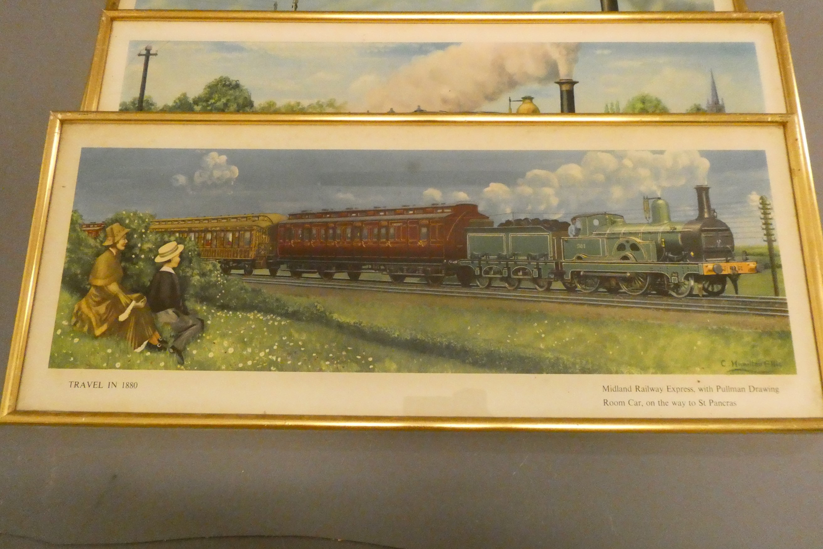 Four framed reproduction railway carriage prints showing early railway scenes (Est. plus 24% buyer's Image