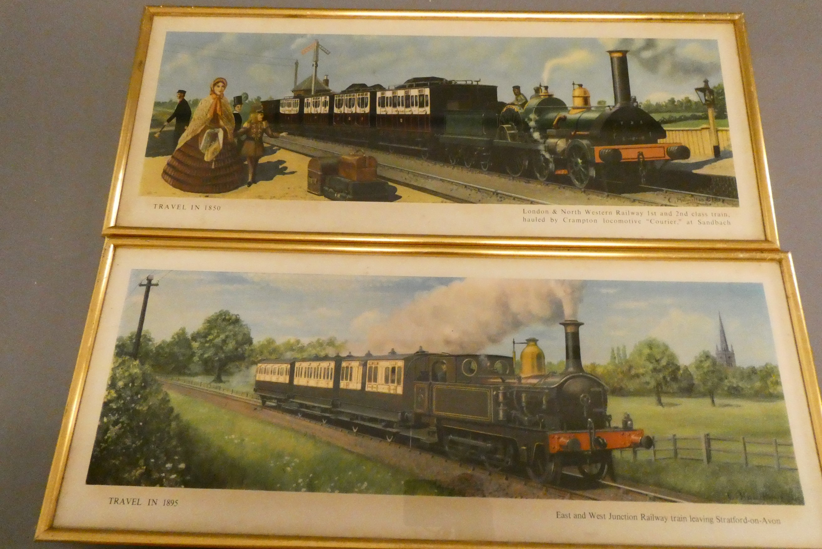 Four framed reproduction railway carriage prints showing early railway scenes (Est. plus 24% buyer's Image