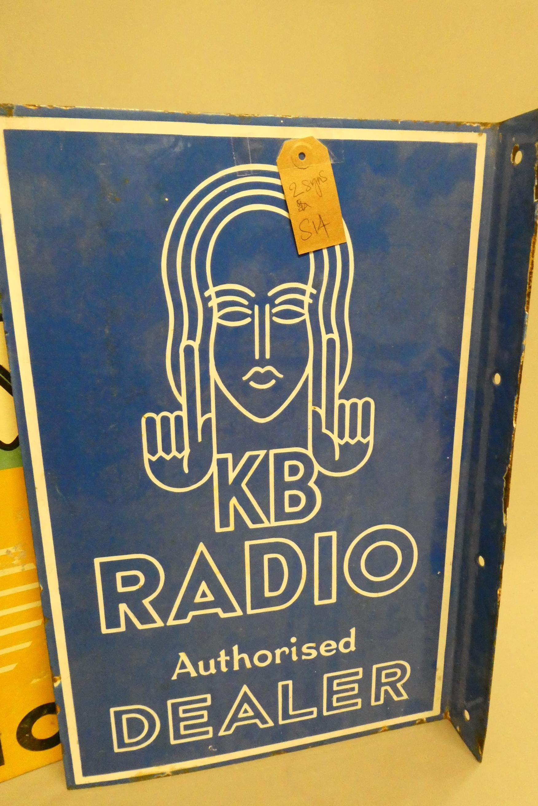 An enamel double sided wall mounting KB Radio Dealer sign (condition good+) and a printed aluminium Image