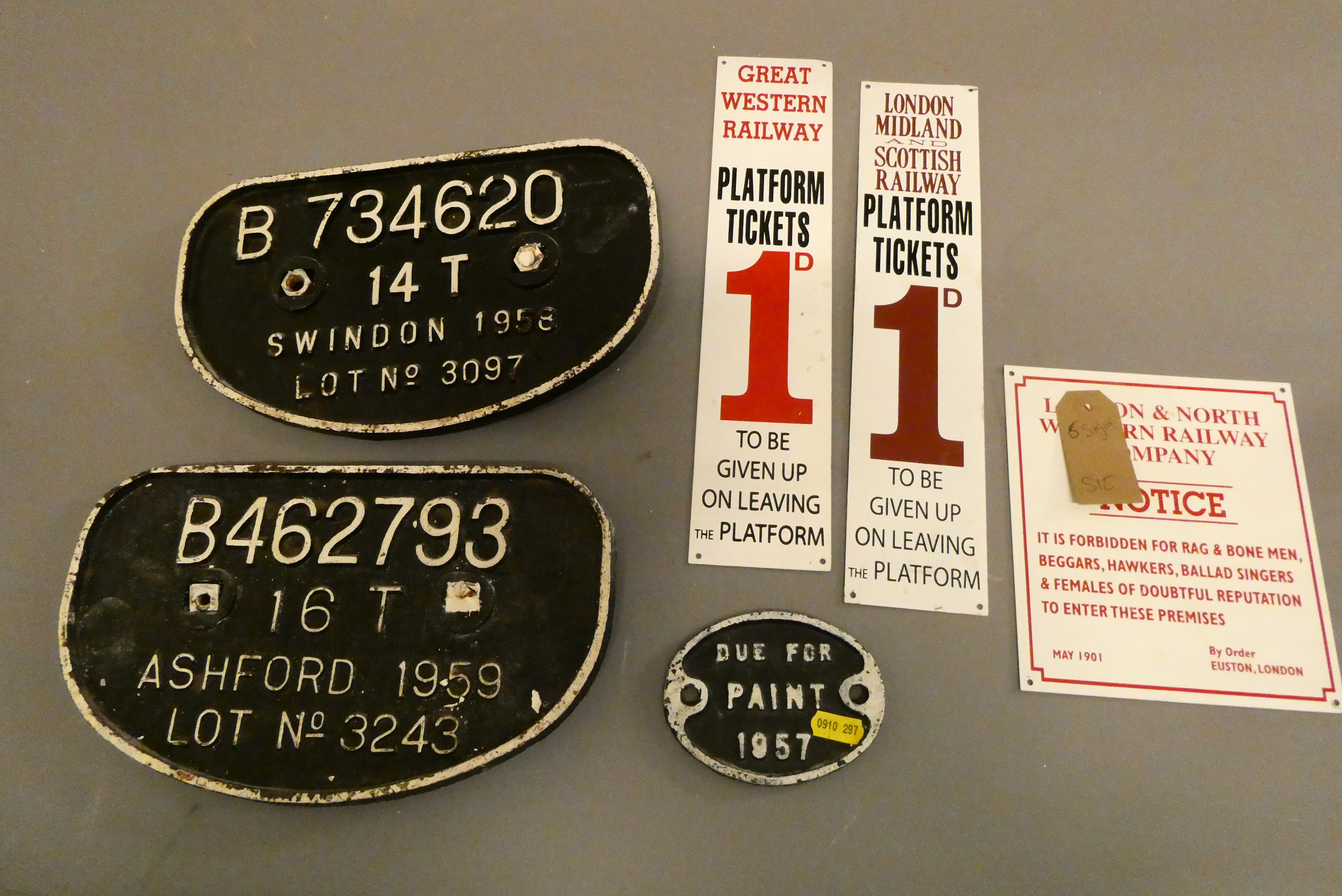 Three BR wagon cast iron number and painting plates and three reproduction aluminium railway ticket Image