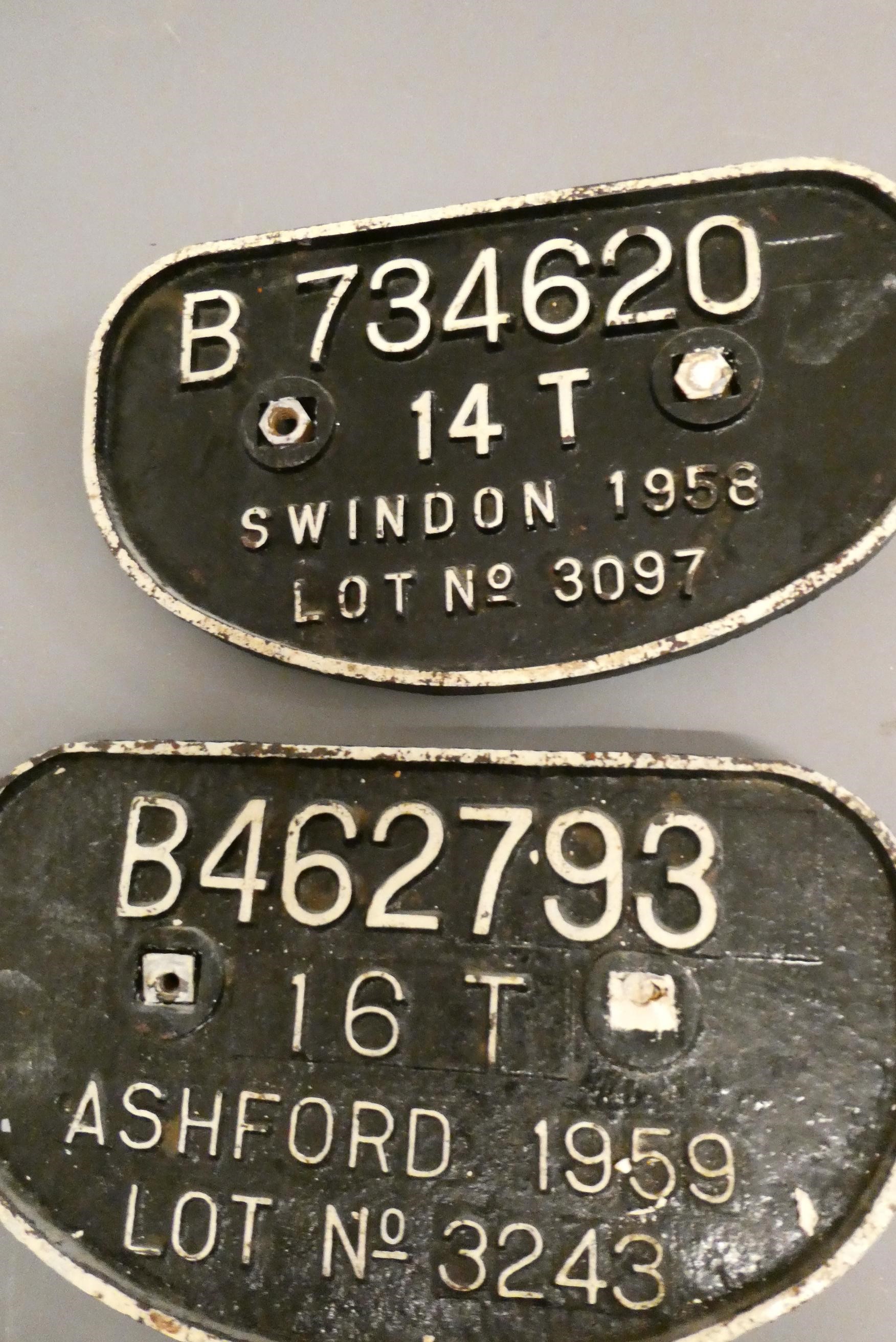 Three BR wagon cast iron number and painting plates and three reproduction aluminium railway ticket Image