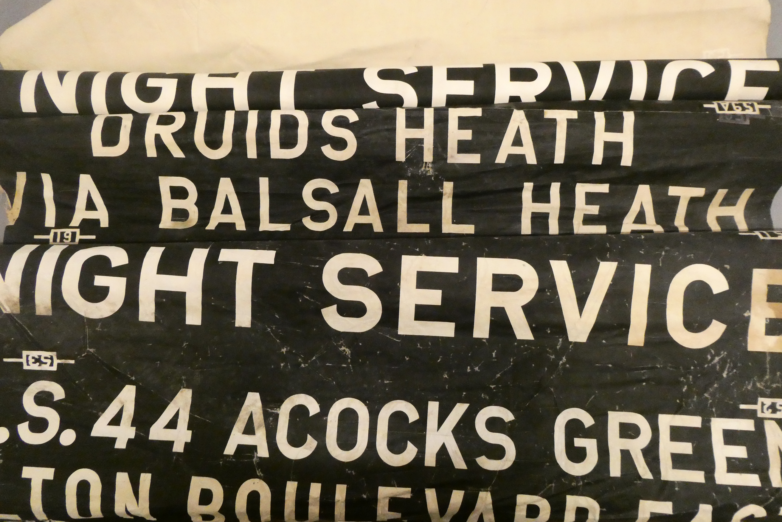 Three Bus destination rolls, white letters on black background, for various locations around the UK, Image