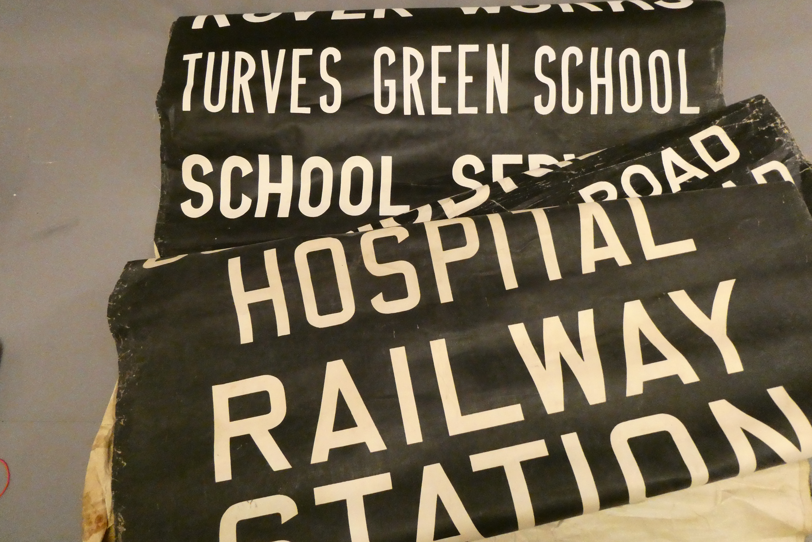 Three Bus destination rolls, white letters on black background, for various locations around the UK, Image
