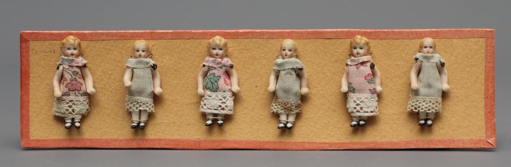 Six Hertwig & Co. all bisque doll's house dolls with moulded and painted features Image