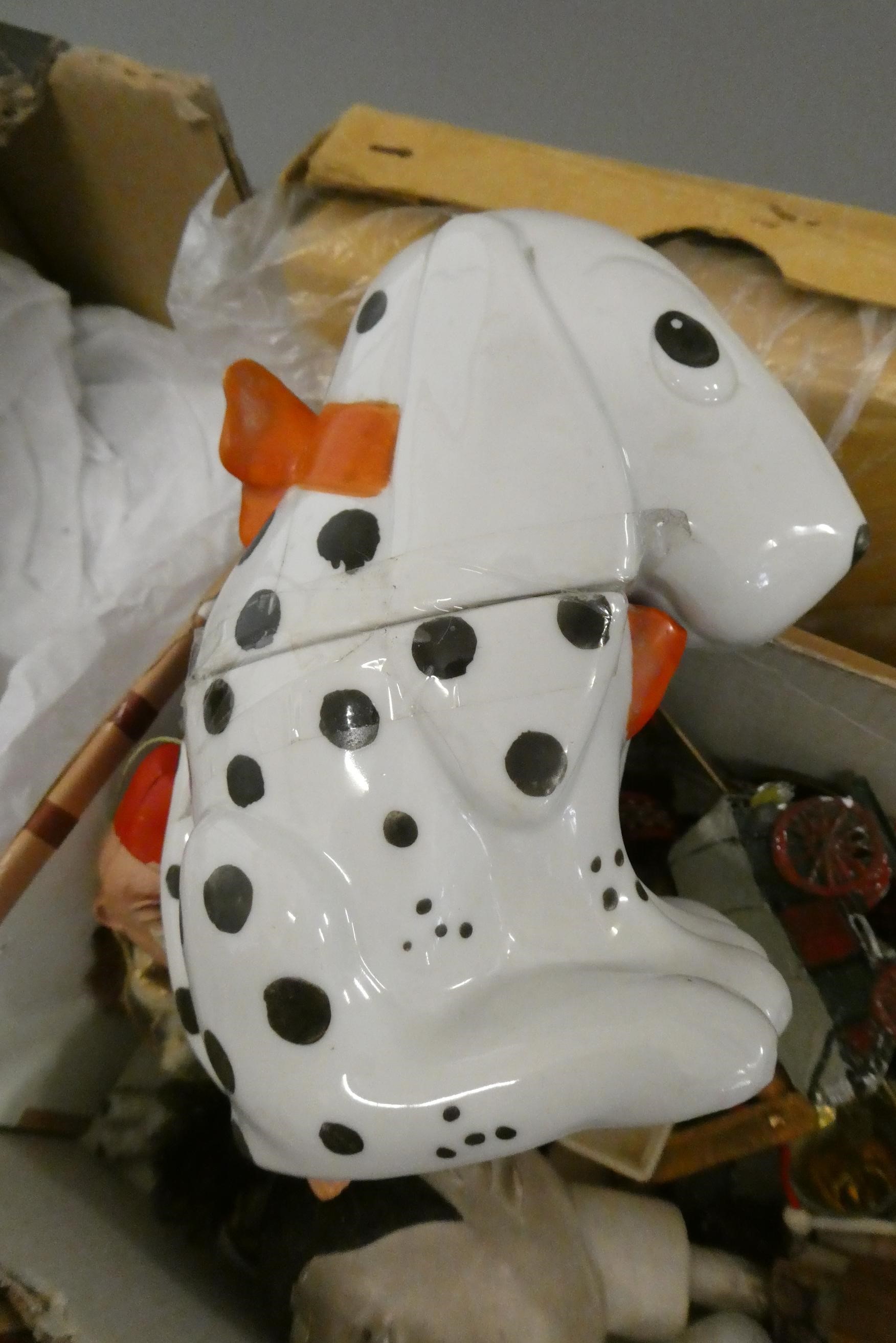 A boxed filled with vintage and antique toys, including Bonzo salt and pepper, Dismal Desmond pot, a Image