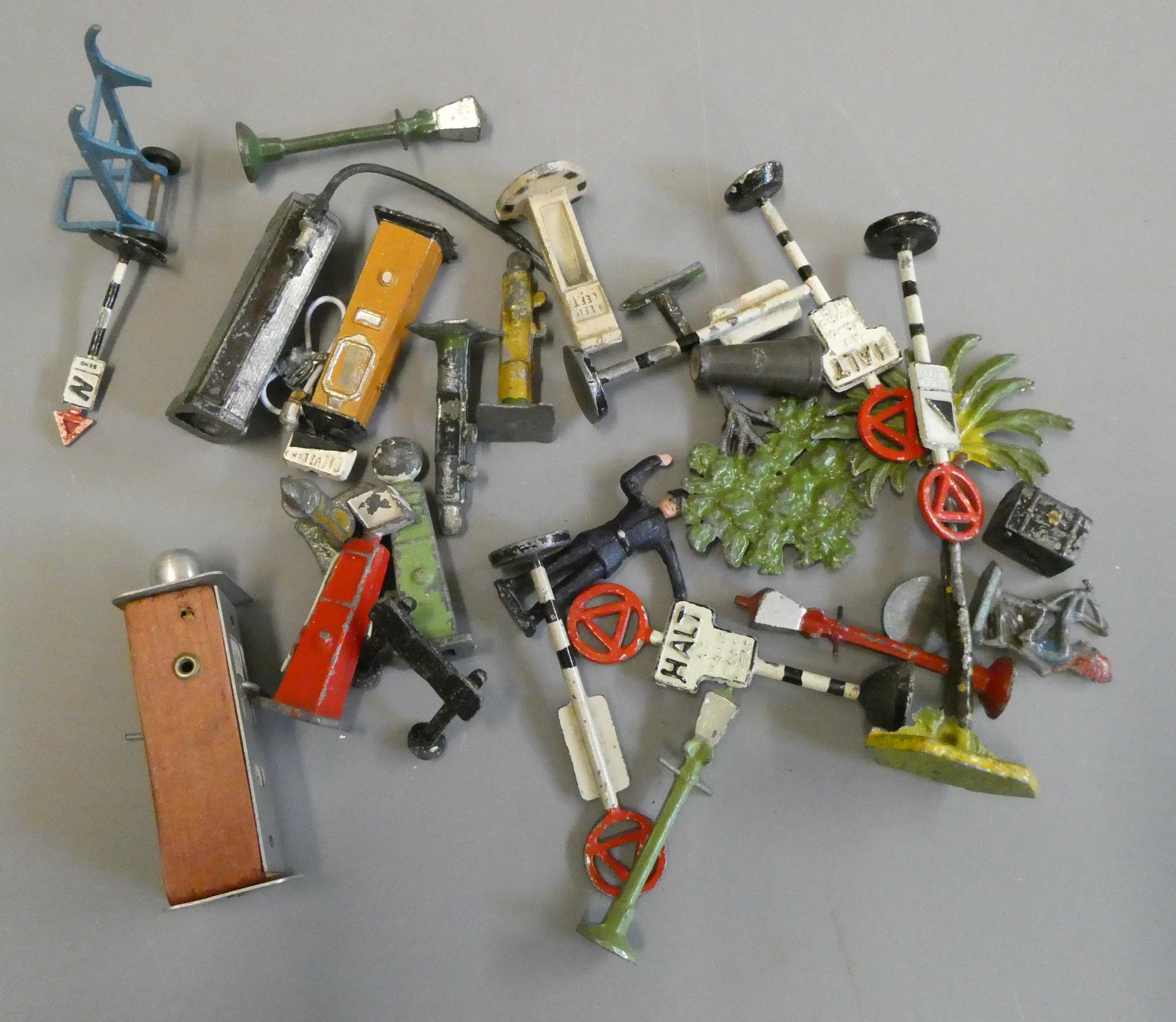 Lead cast street furniture and petrol pumps from various makers, some items have damage, print Image