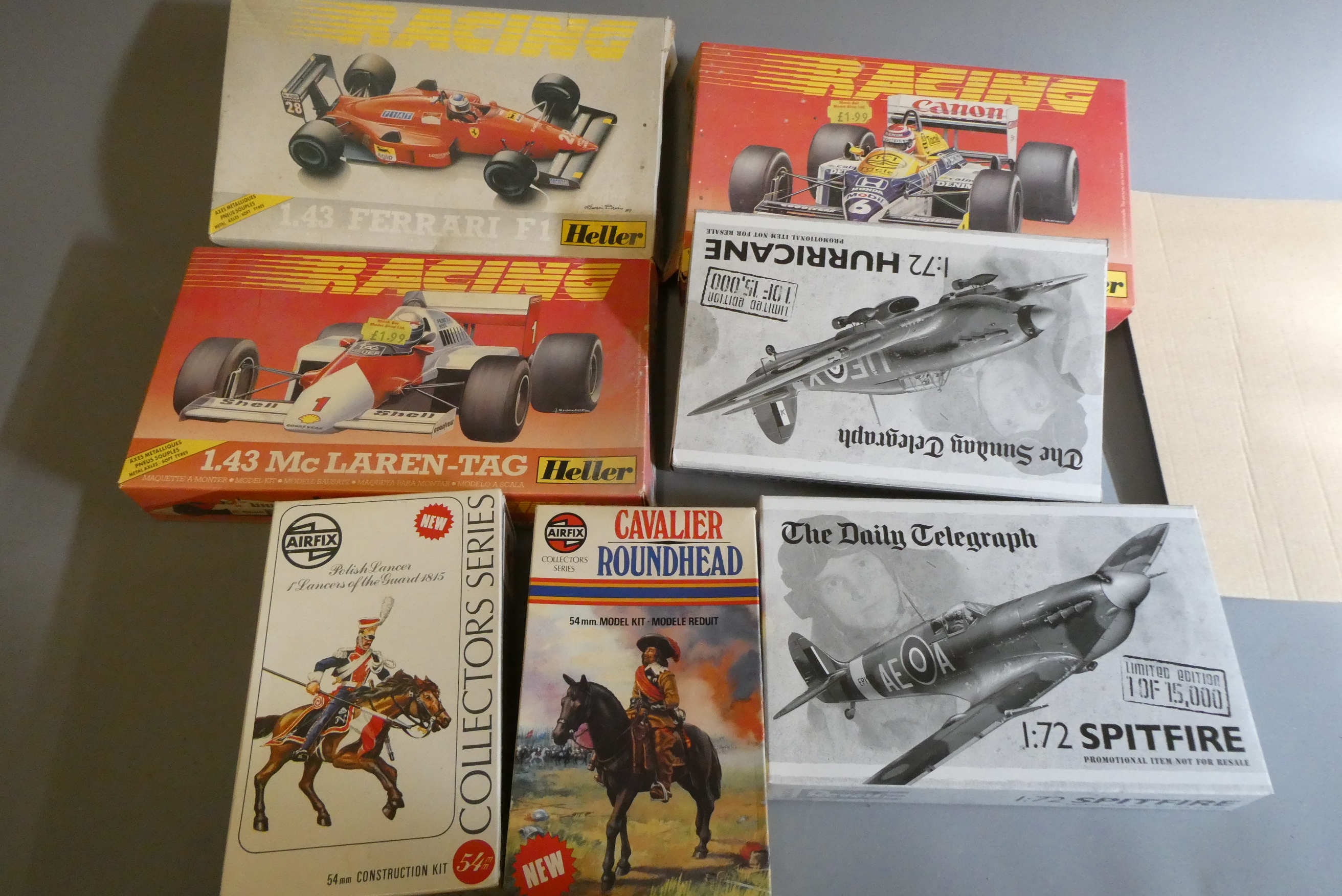 Twelve plastic kits by Airfix and Heller including Aircraft, 54mm figures and F1 race cars, boxed, Image