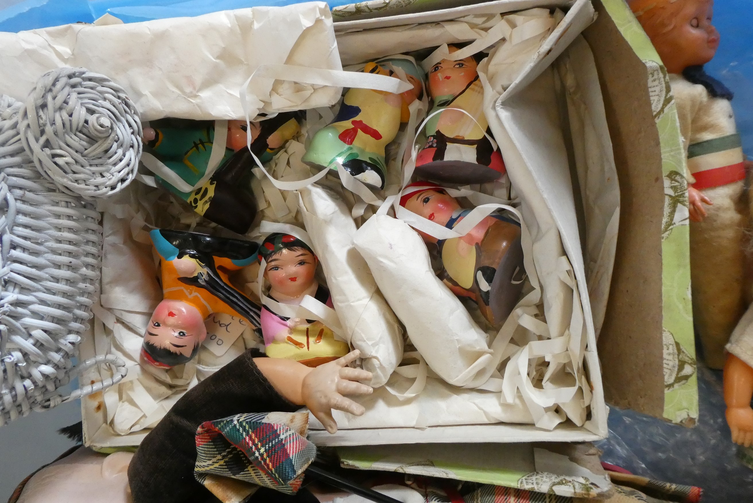A box of vintage doll's including celluloid, bisque and composition examples (Est. plus 24% buyer's Image