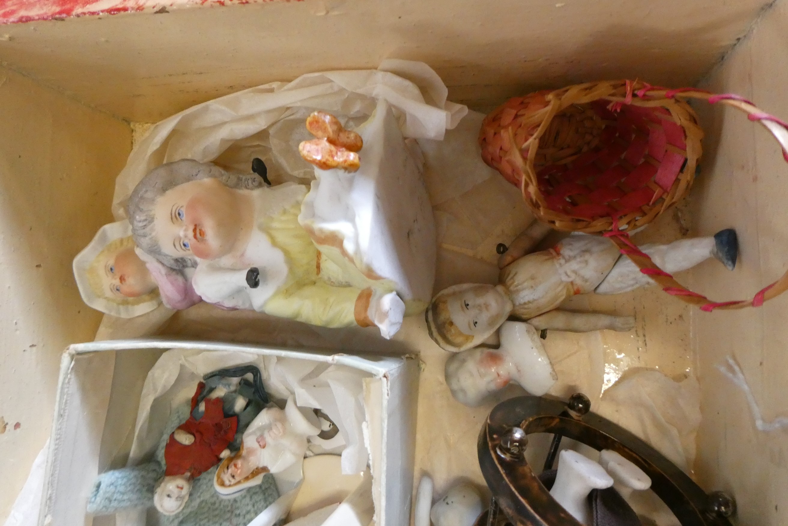A chest of doll's house and miniature dolls and models, mainly bisque, including three jointed Image