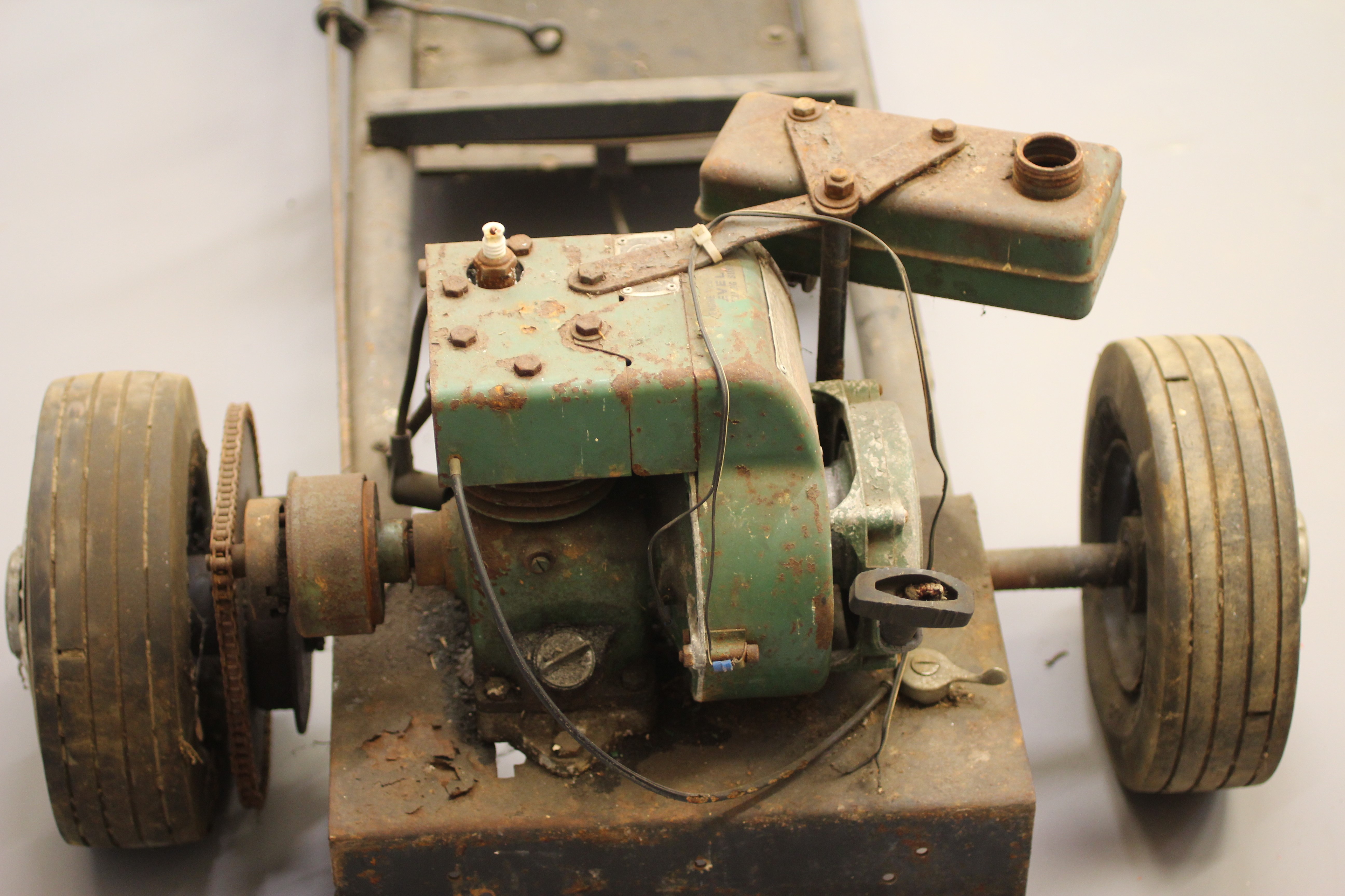 A Go-Cart size petrol driven model of a Jaguar D type. This car has a tubular frame chassis with a Image