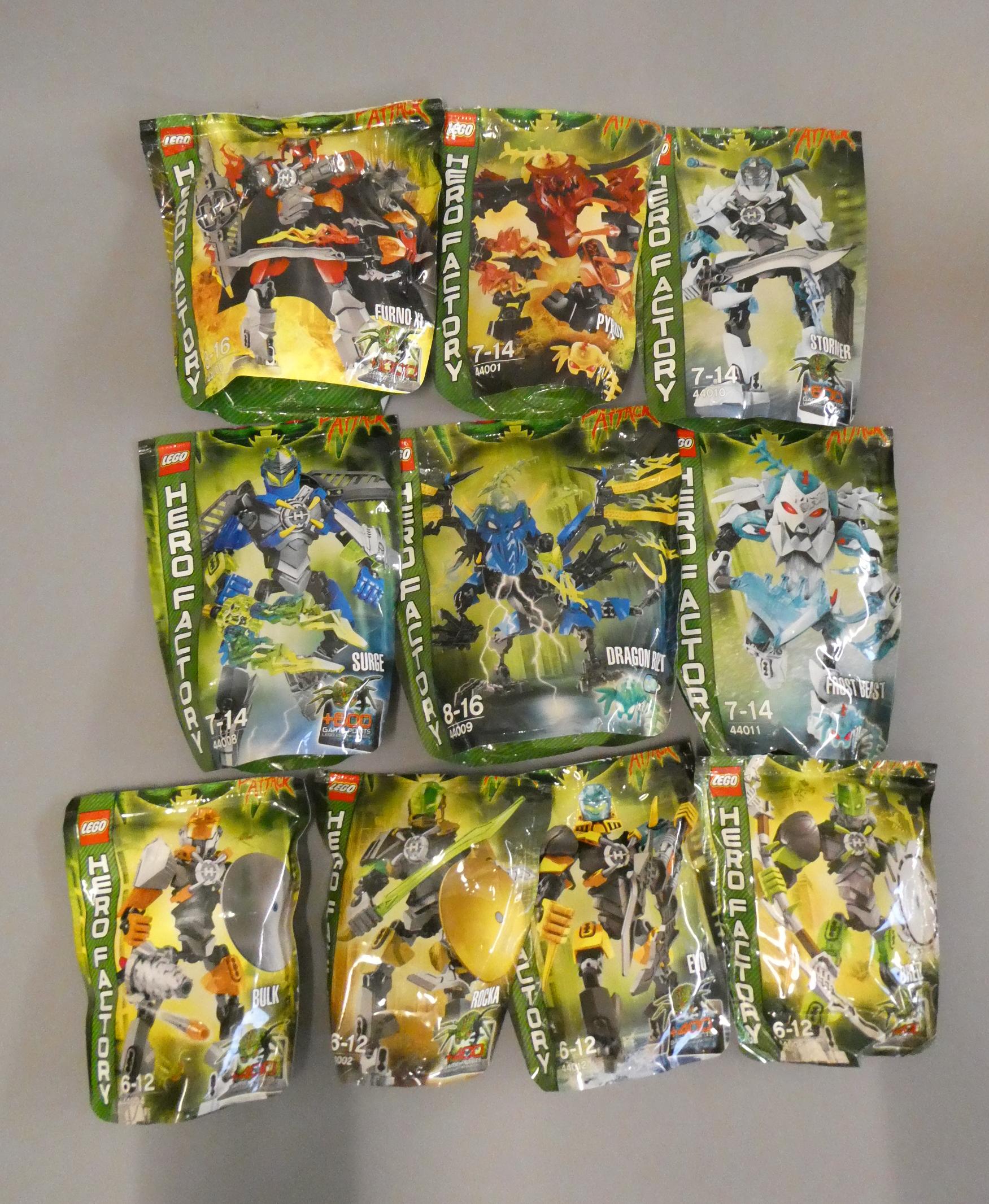 A collection of 10x Lego Hero Factory 'Brain Attack' collection bagged characters to include; Frost Image