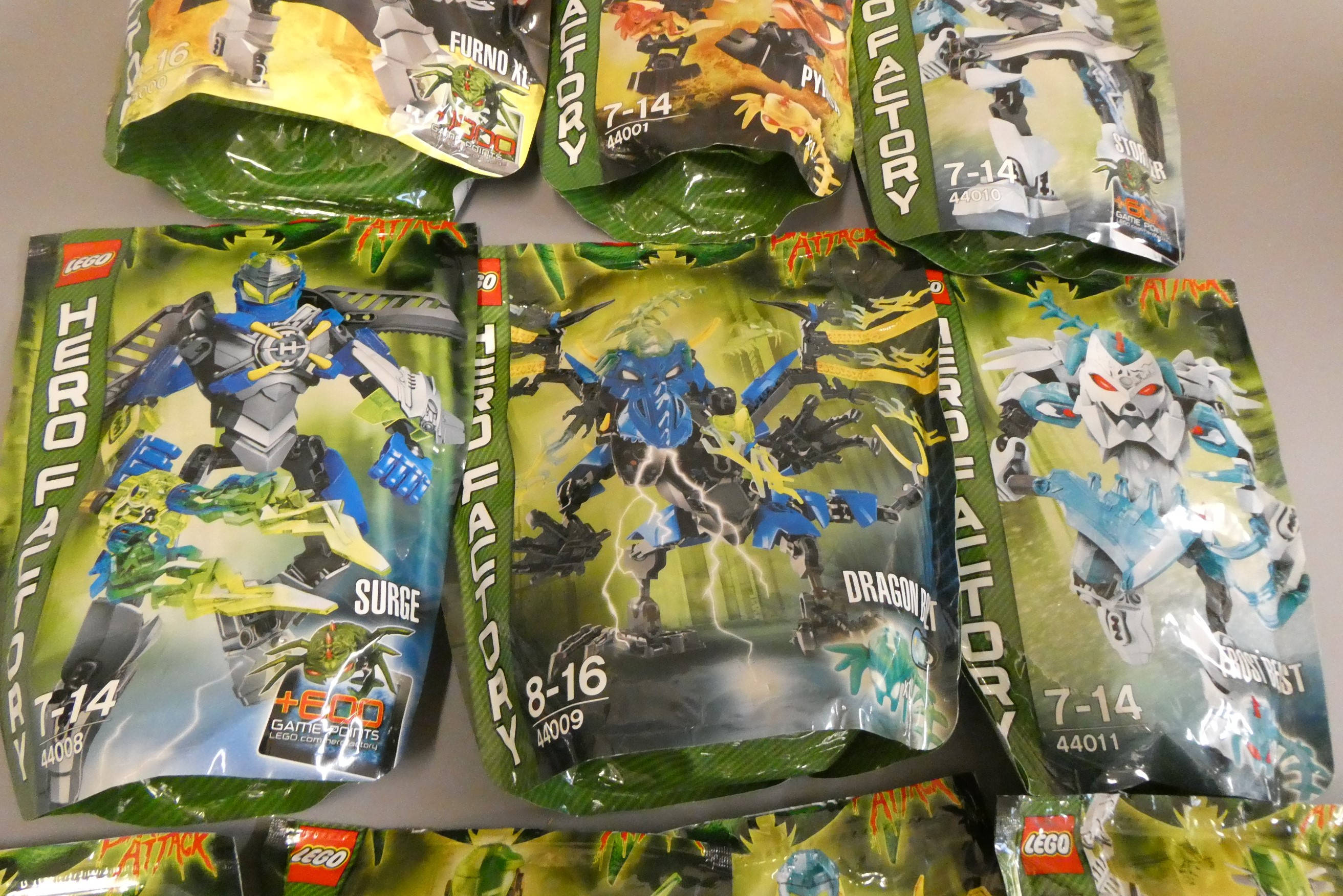 A collection of 10x Lego Hero Factory 'Brain Attack' collection bagged characters to include; Frost Image