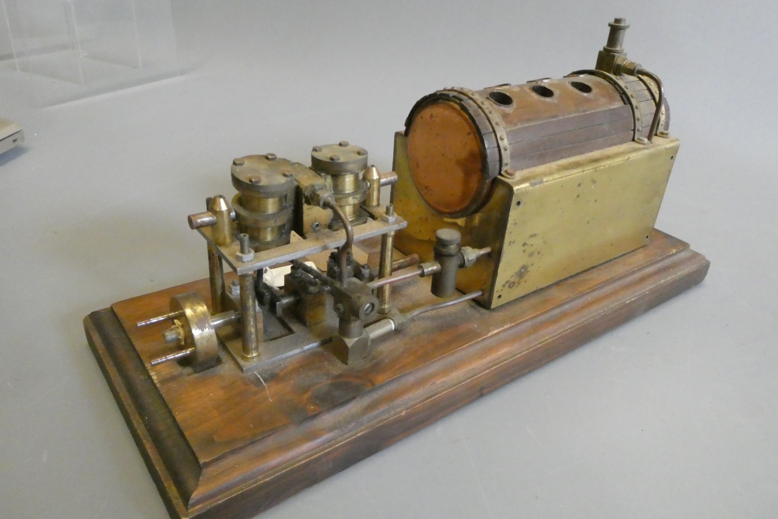 Brass twin cylinder boat engine with copper boiler safety valve, displacement lubricator and twin Image