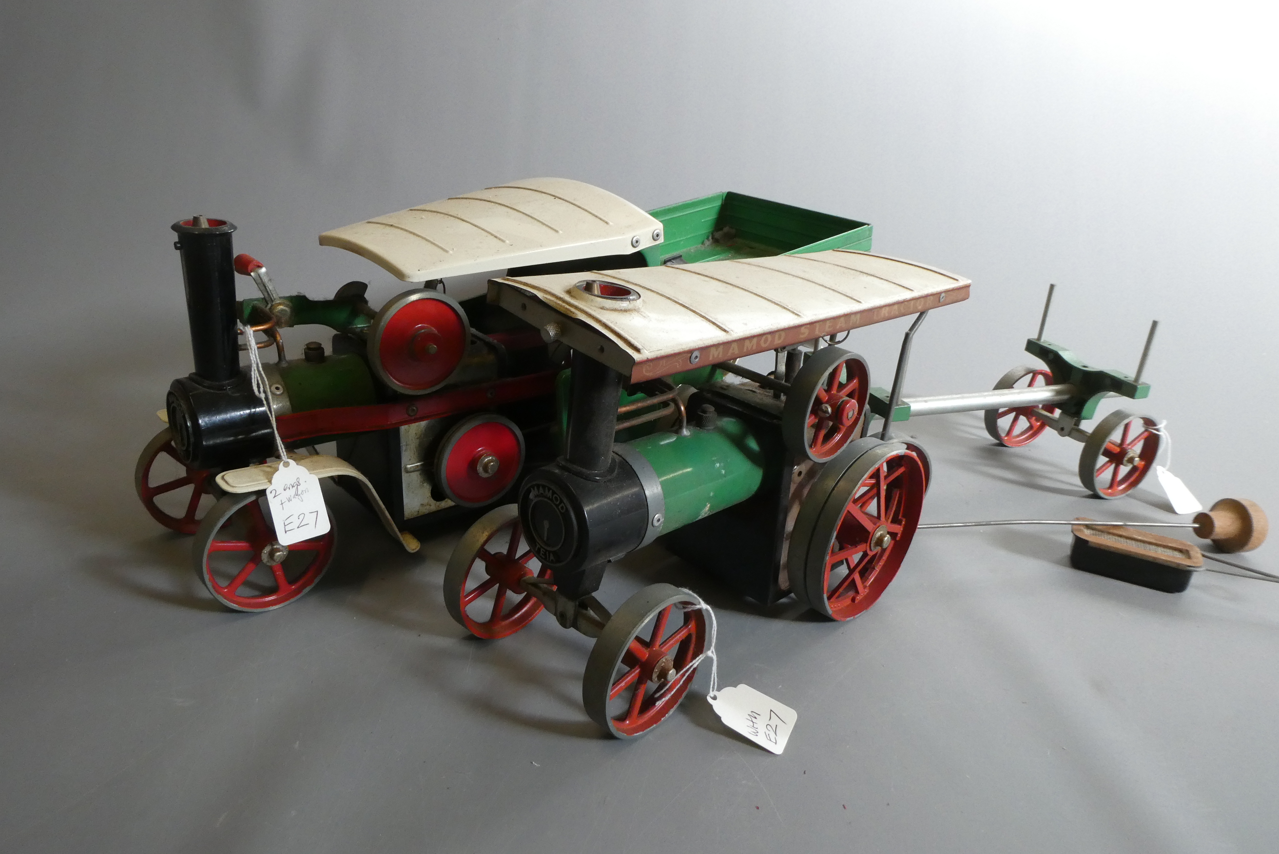 Mamod TE1 traction engine with log trailer and Mamod steam wagon SW1, both items well used, some Image