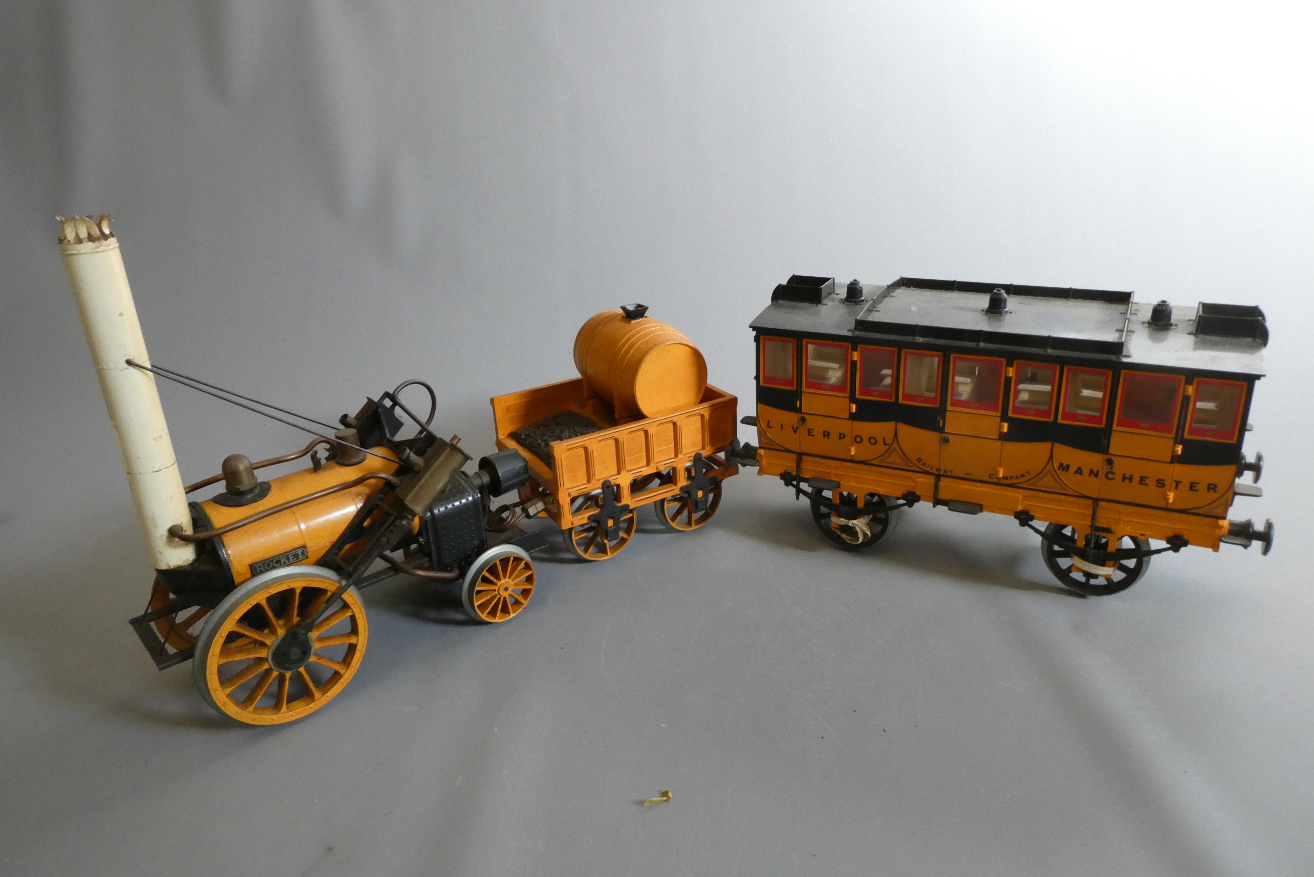Hornby 3 1/2" gauge live steam Rocket, coach and track, models in well used condition, some minor Image