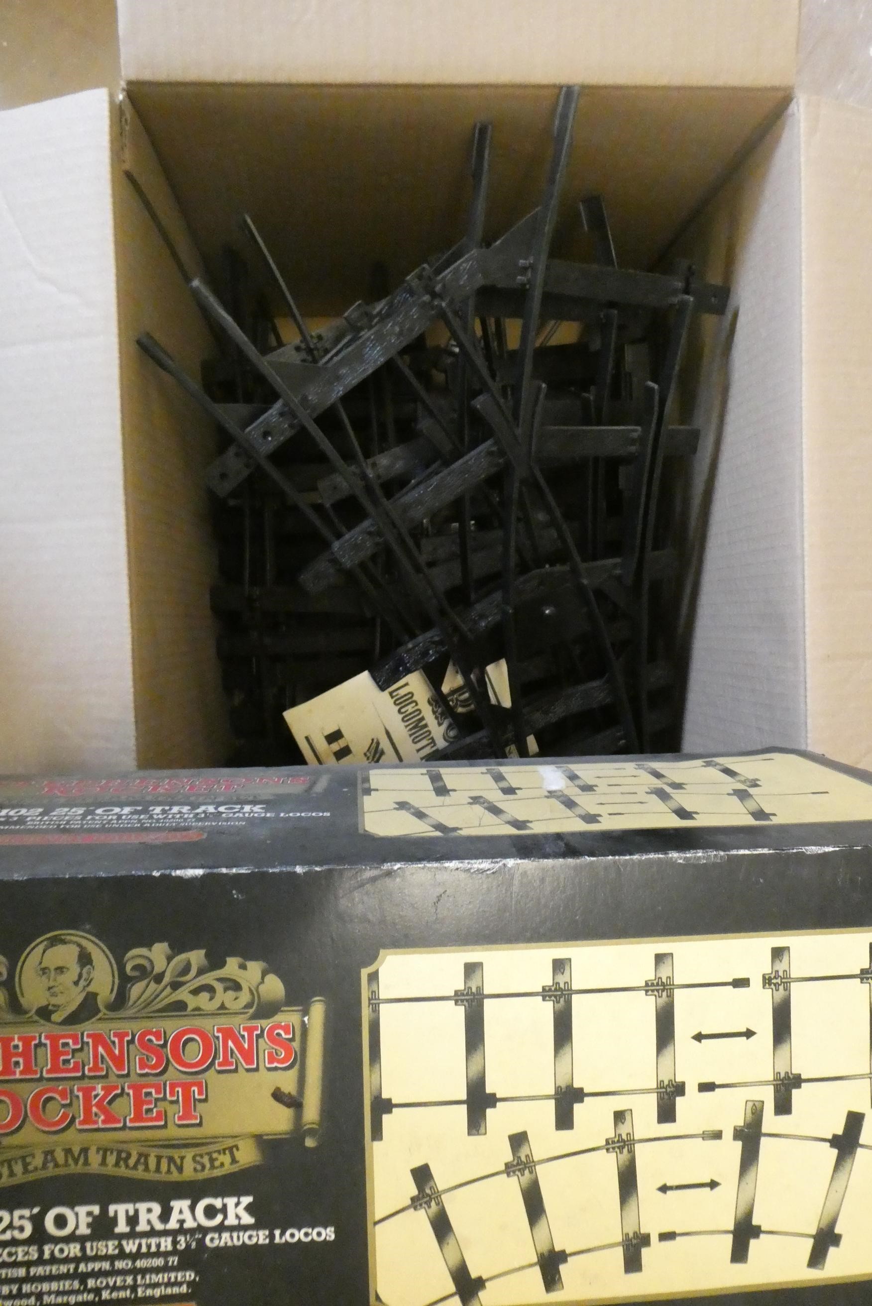 Hornby 3 1/2" gauge live steam Rocket, coach and track, models in well used condition, some minor Image