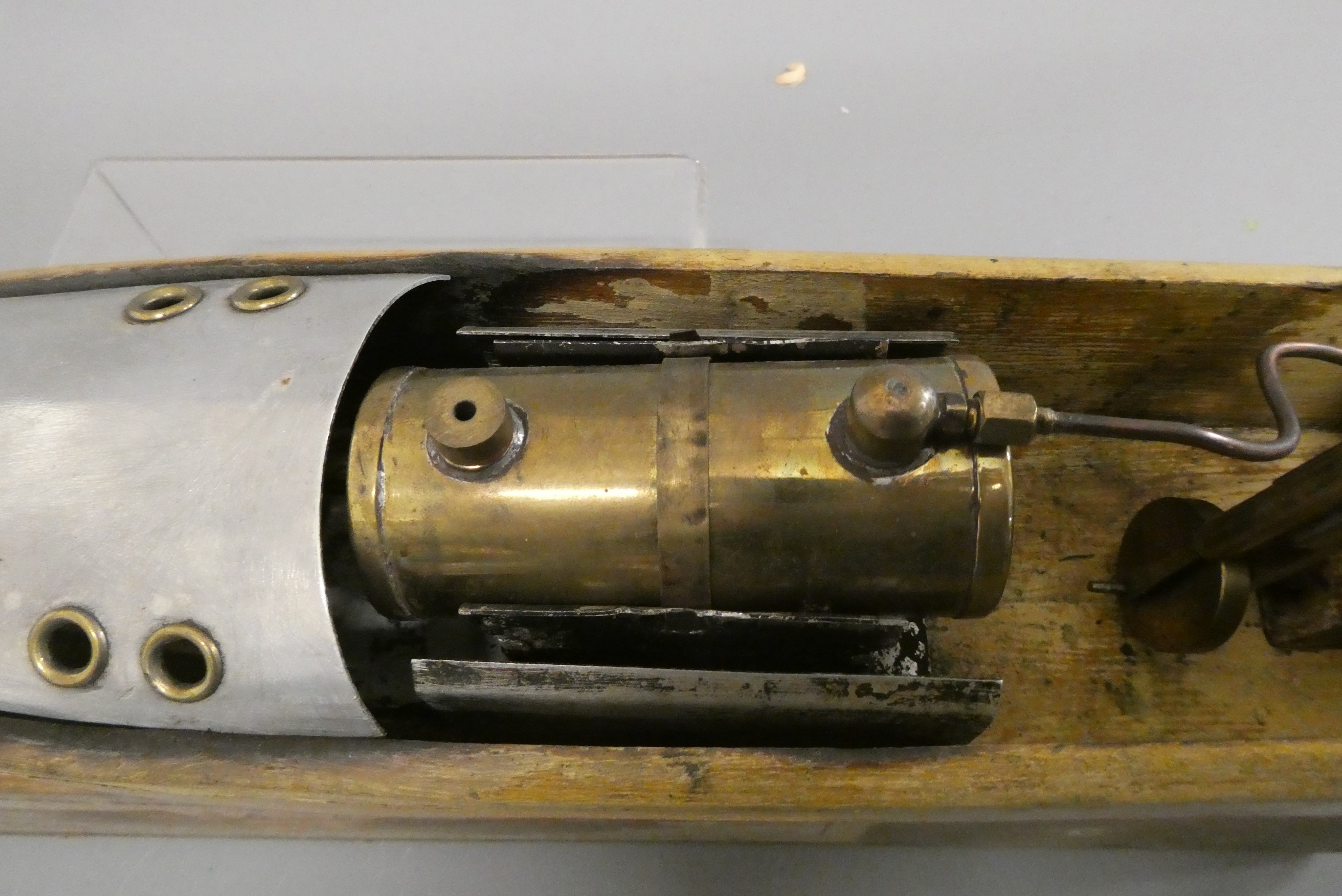 Bowman steam boat Swallow with sprit fired single cylinder oscillating engine, well used model in Image