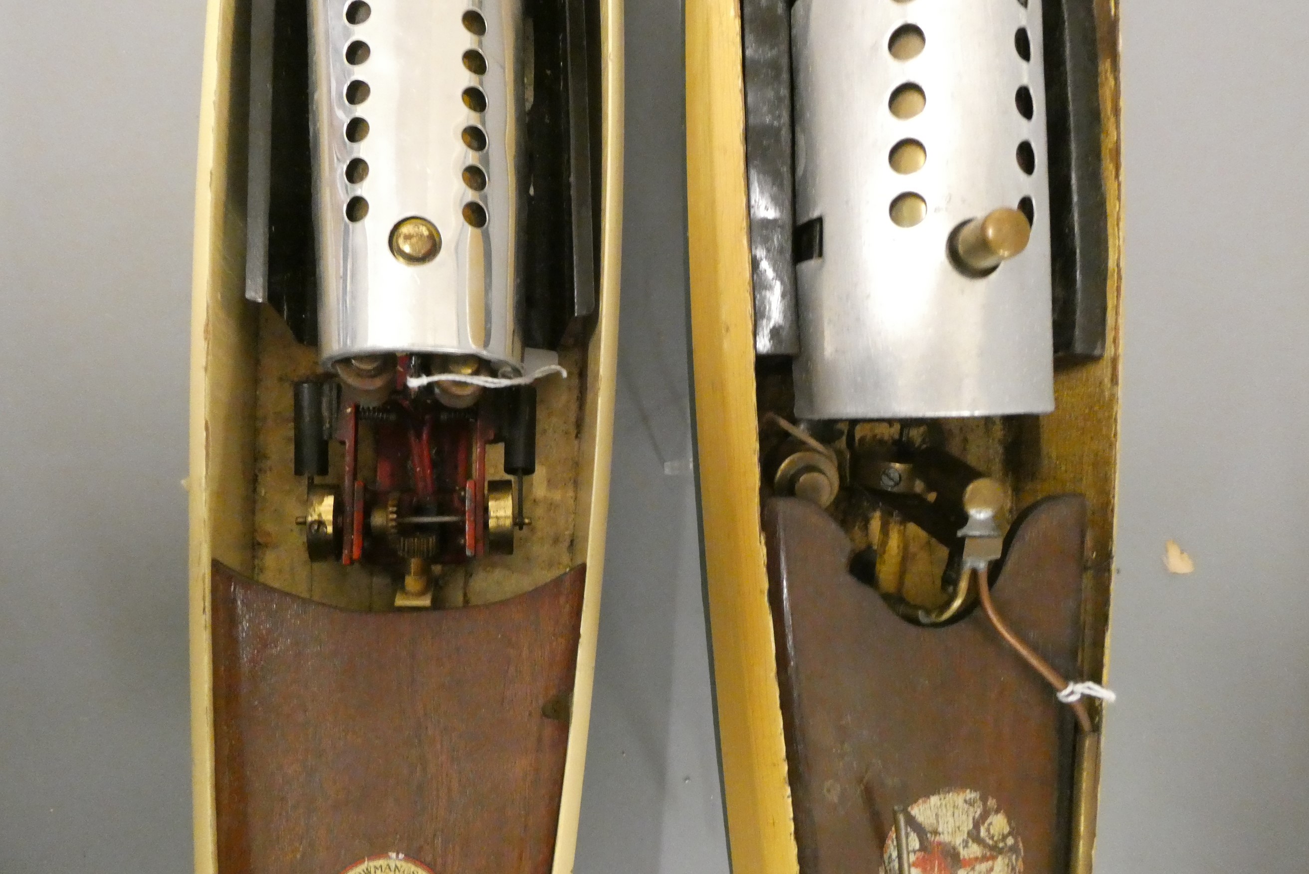 Two playworn Bowman steam boats finished in cream and blue Sprite and large hull twin cylinder Image