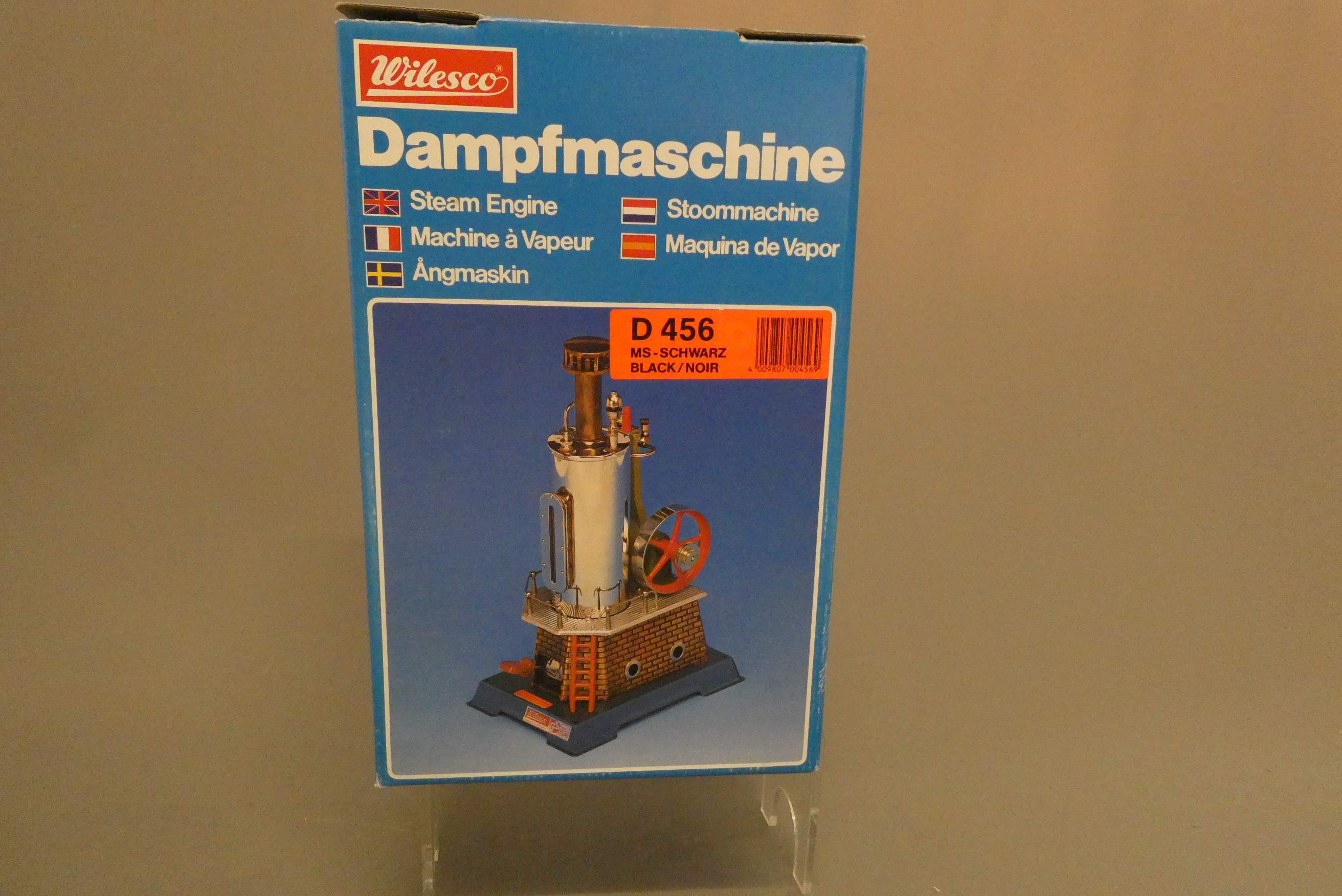 Wilesco D456 vertical steam engine finished in black with brass polished engine parts, boxed, Image