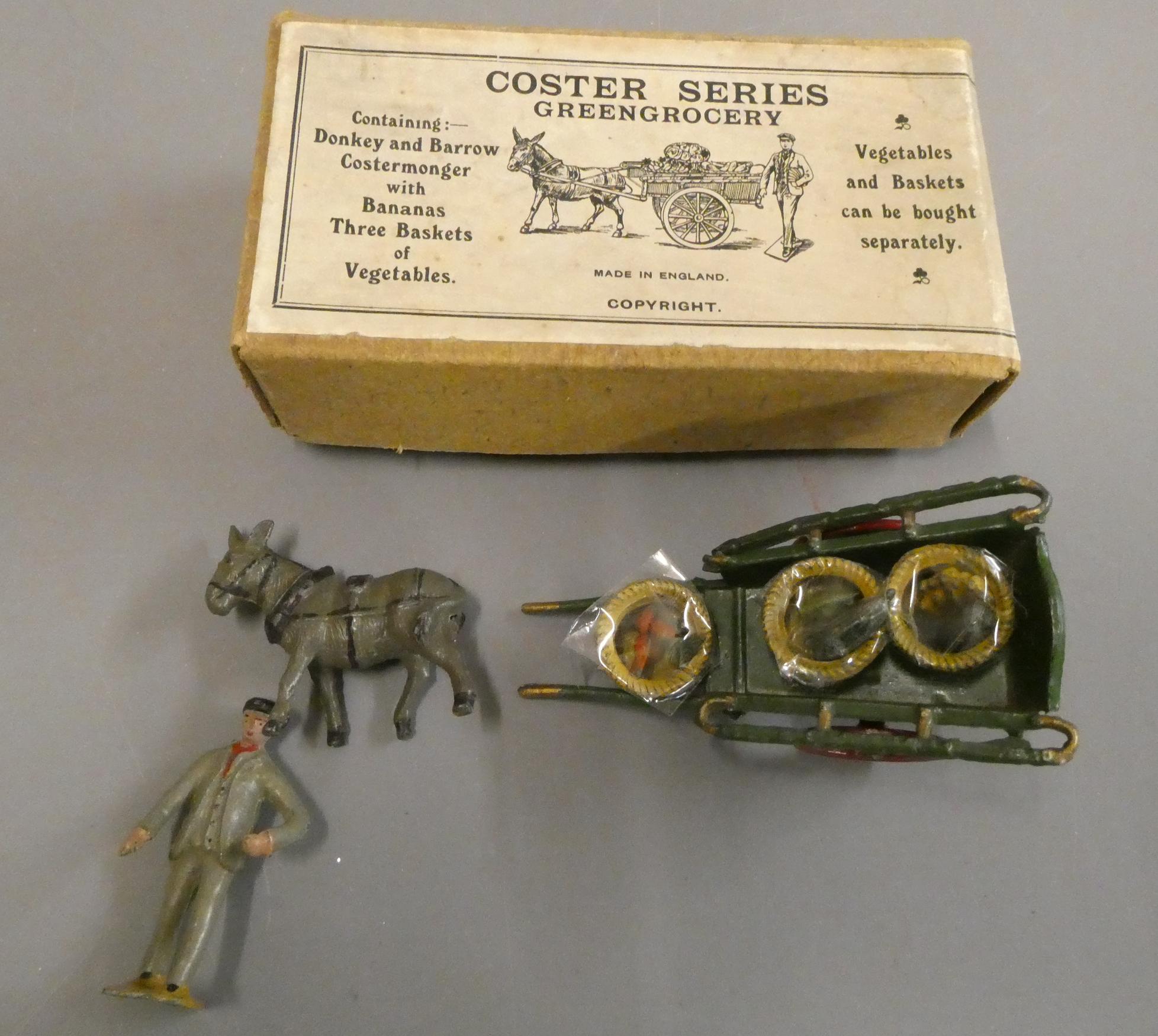 Britains Coster Series greengrocer with cart, three vegetable baskets, donkey and costermonger, Image