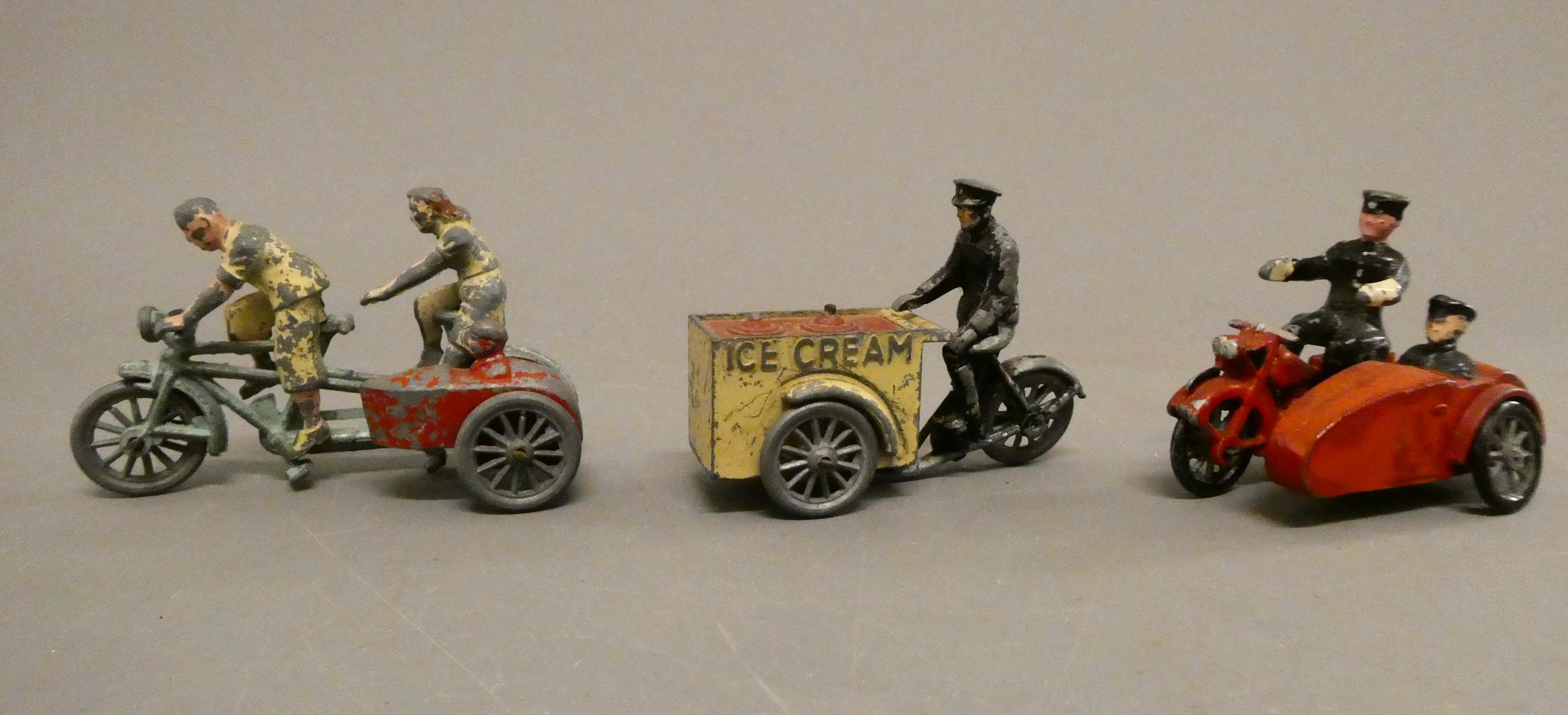 Taylor Barratt ice cream delivery cycle, Timpo tandem with side car and police motorcycle, poor Image