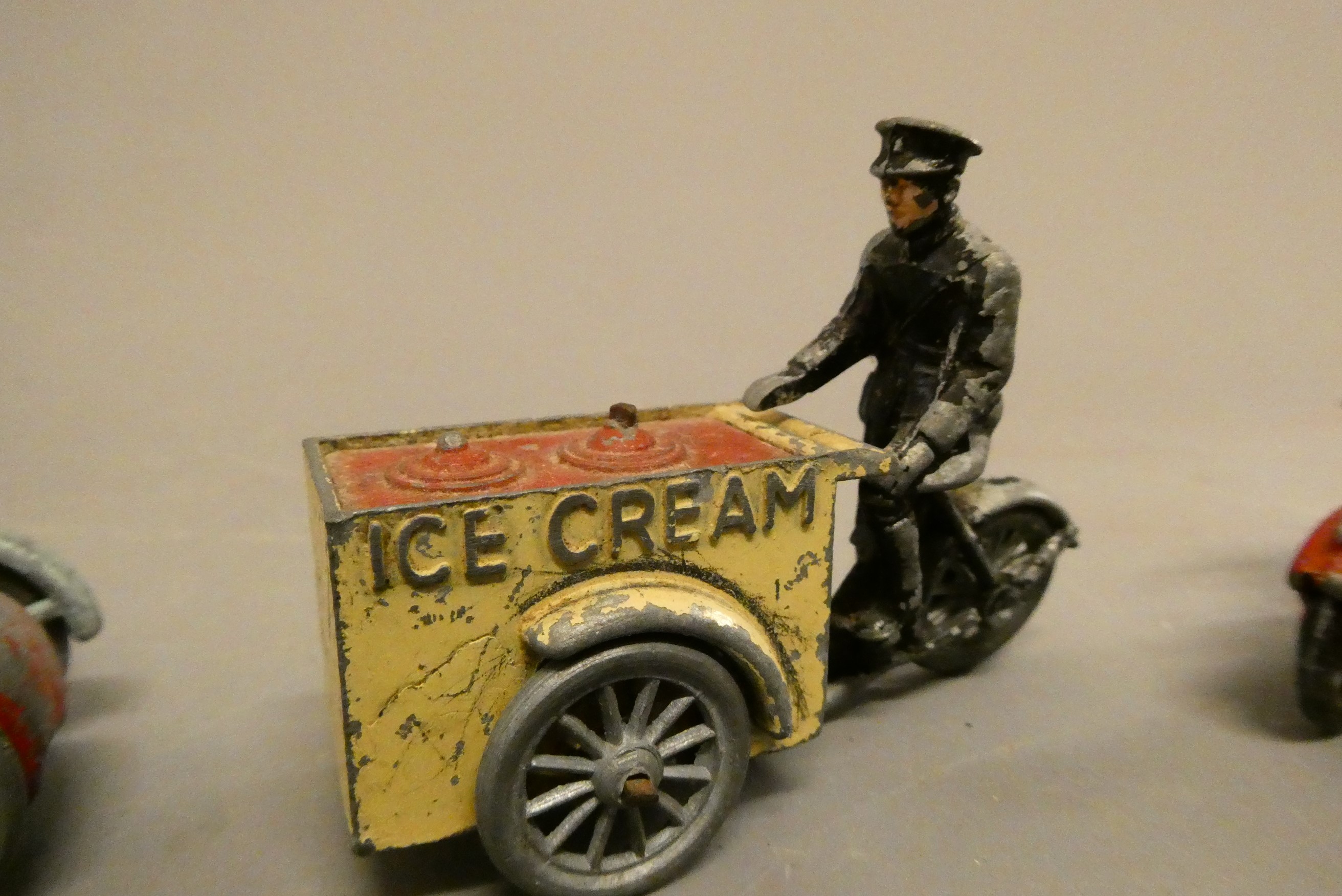 Taylor Barratt ice cream delivery cycle, Timpo tandem with side car and police motorcycle, poor Image