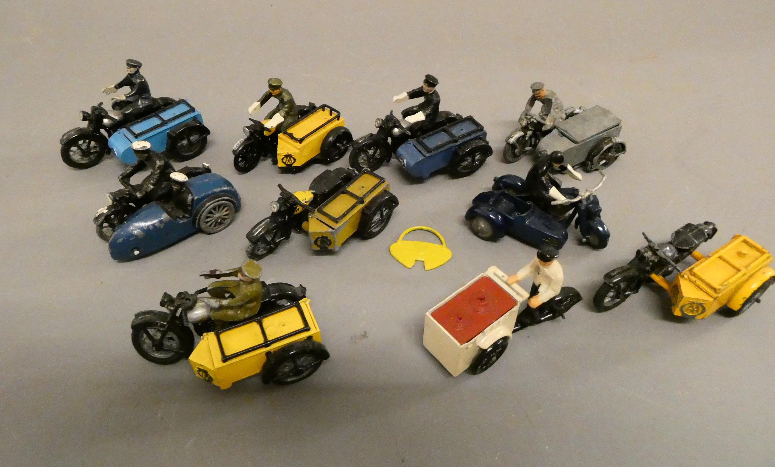 Ten lead cast motorcycle models including AA motorcycle and sidecar Image