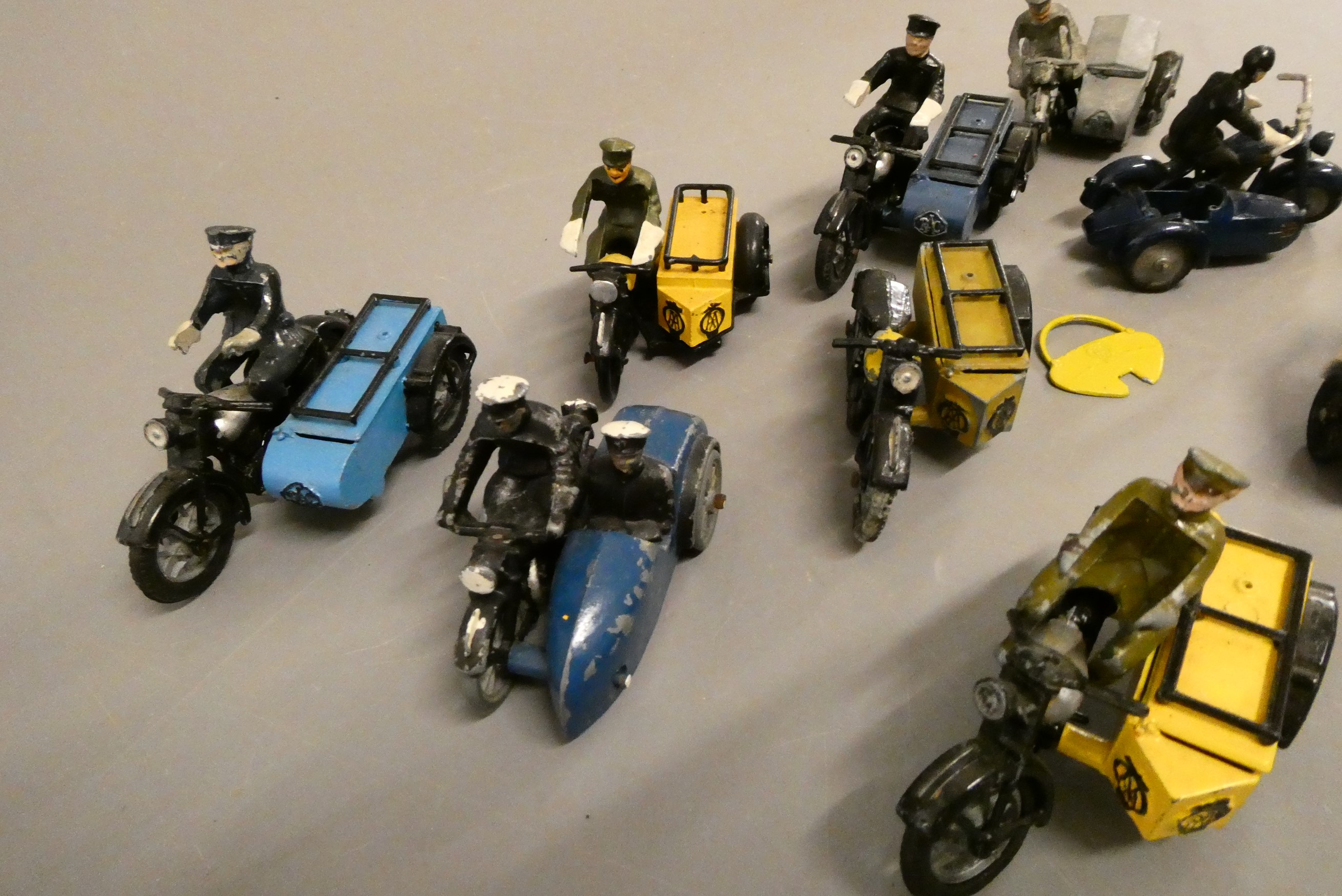 Ten lead cast motorcycle models including AA motorcycle and sidecar Image