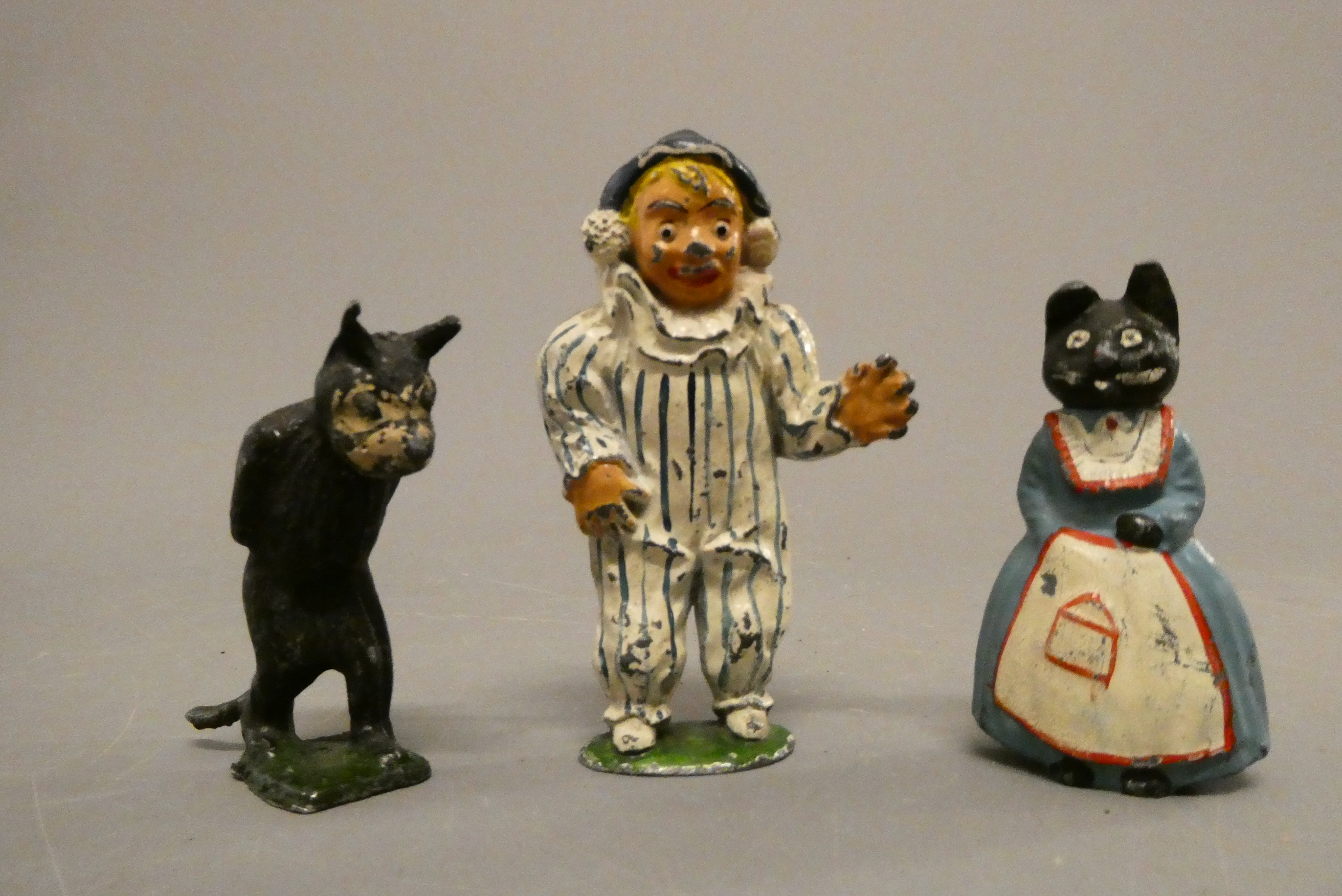 Three hollow cast lead figures comprising Sacul Andy Pandy, female cat in dress and walking Felix Image