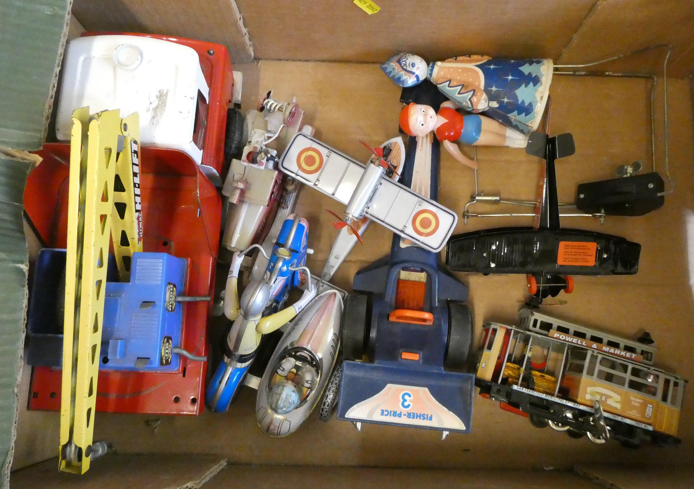 Nine modern issues of tinplate toys including clockwork tram, Dragster, friction aircrafts and crane Image