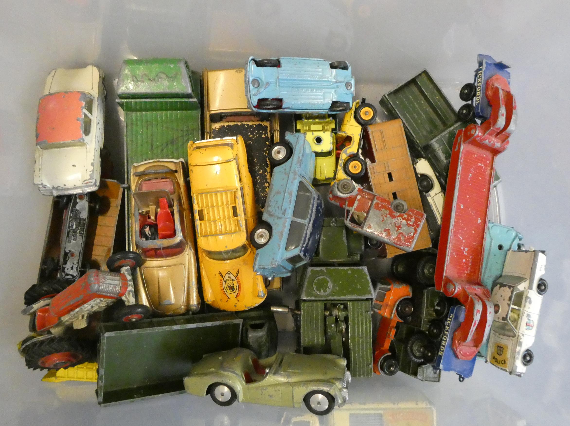 Unboxed playworn diecast vehicles by Dinky, Corgi and Matchbox, most items have paint loss or parts Image