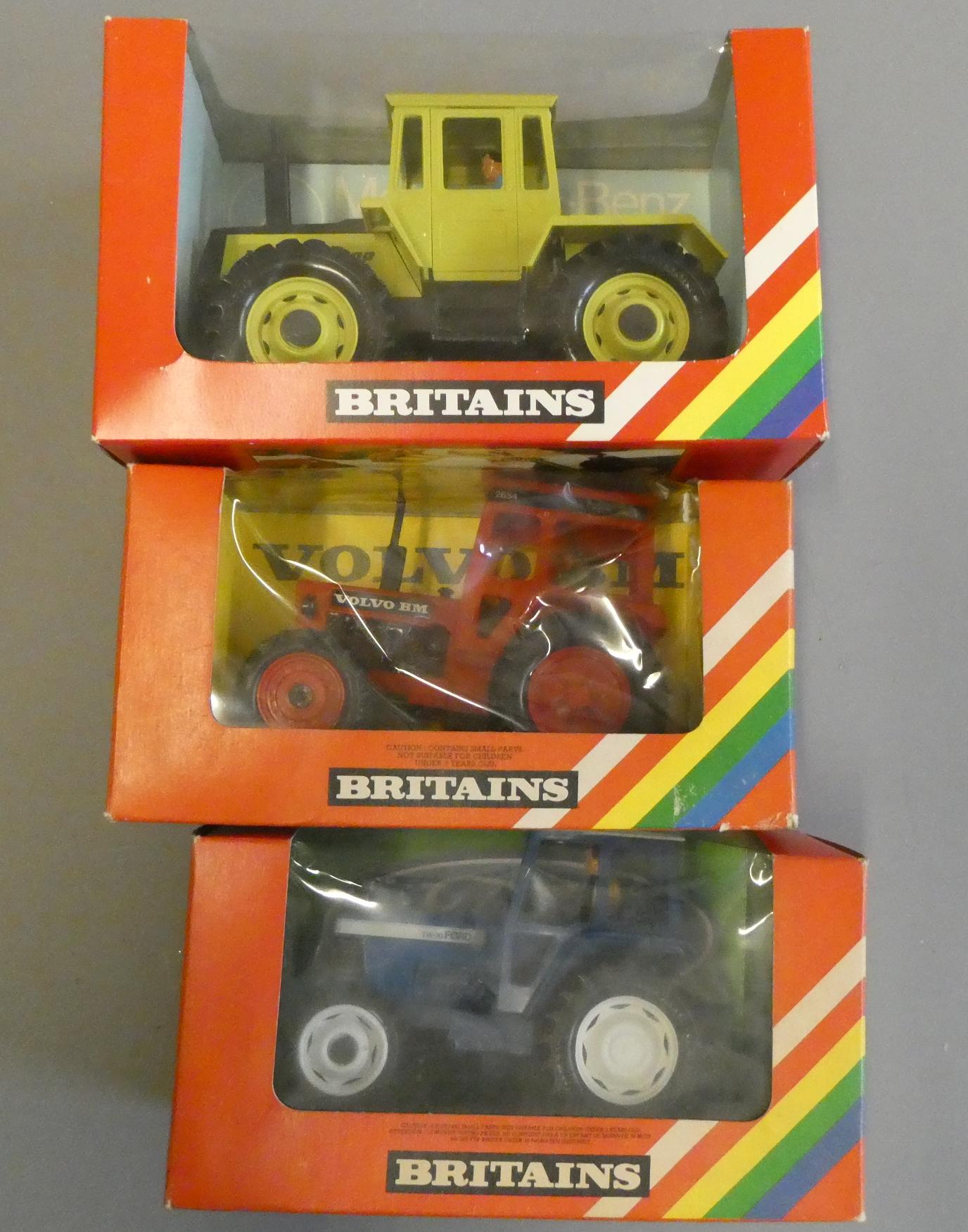 Britains tractors comprising 9525 Mercedes Benz tractor, 9521 Volvo tractor and 9523 Ford tractor, Image