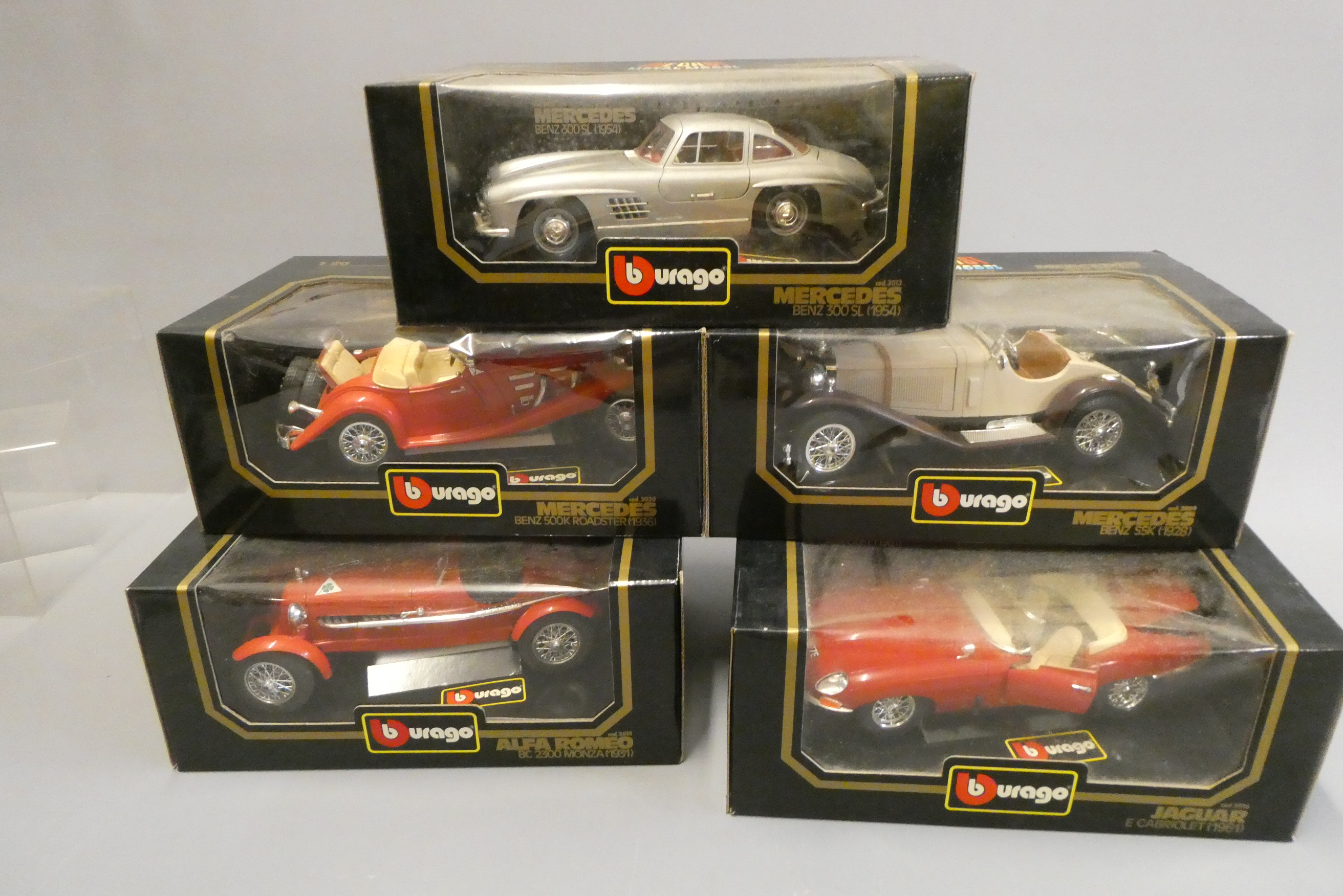 Six Burago classic cars comprising Jaguar E type Image