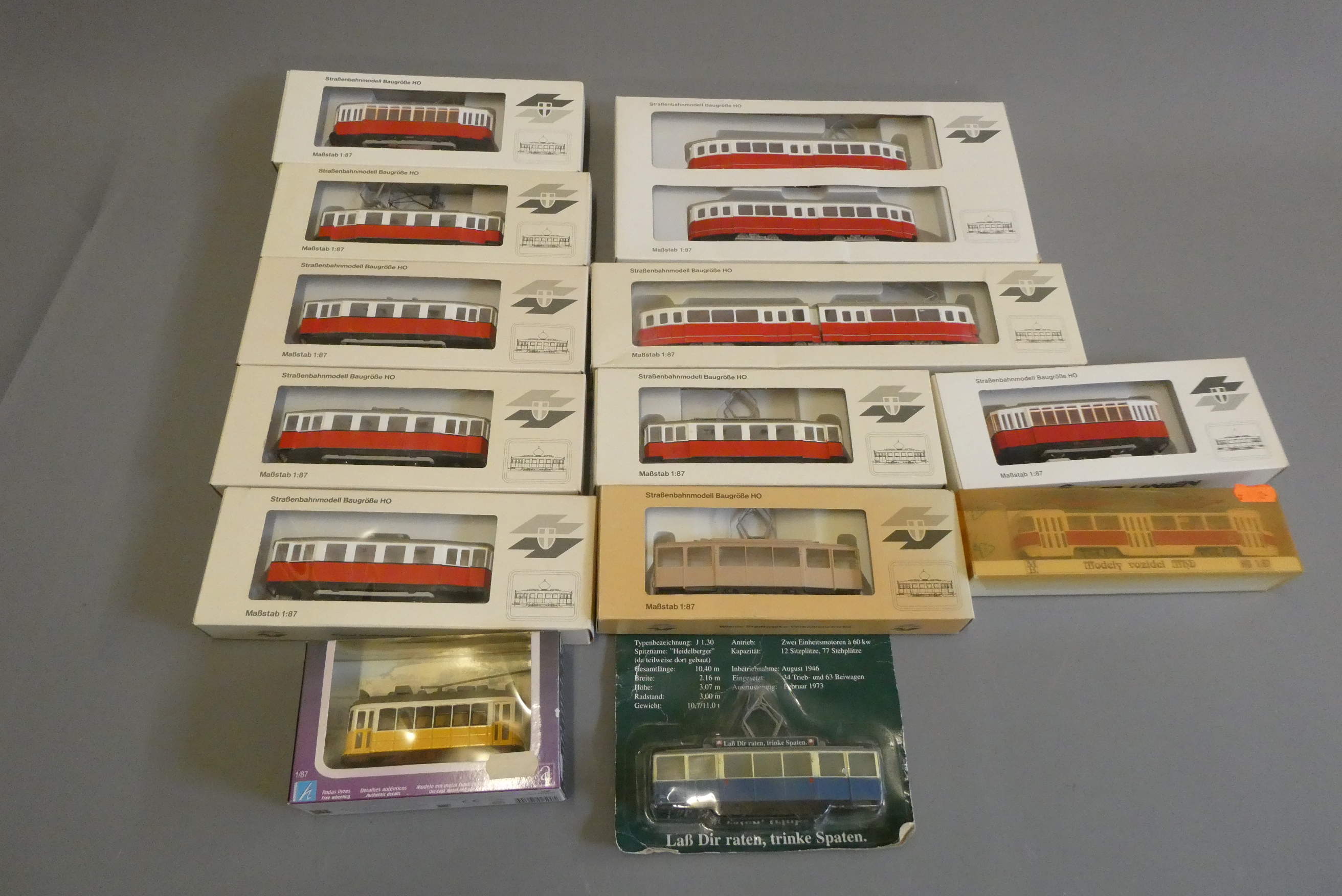 Thirteen static plastic HO scale European model trams, all items boxed, excellent to mint (Est. plus Image