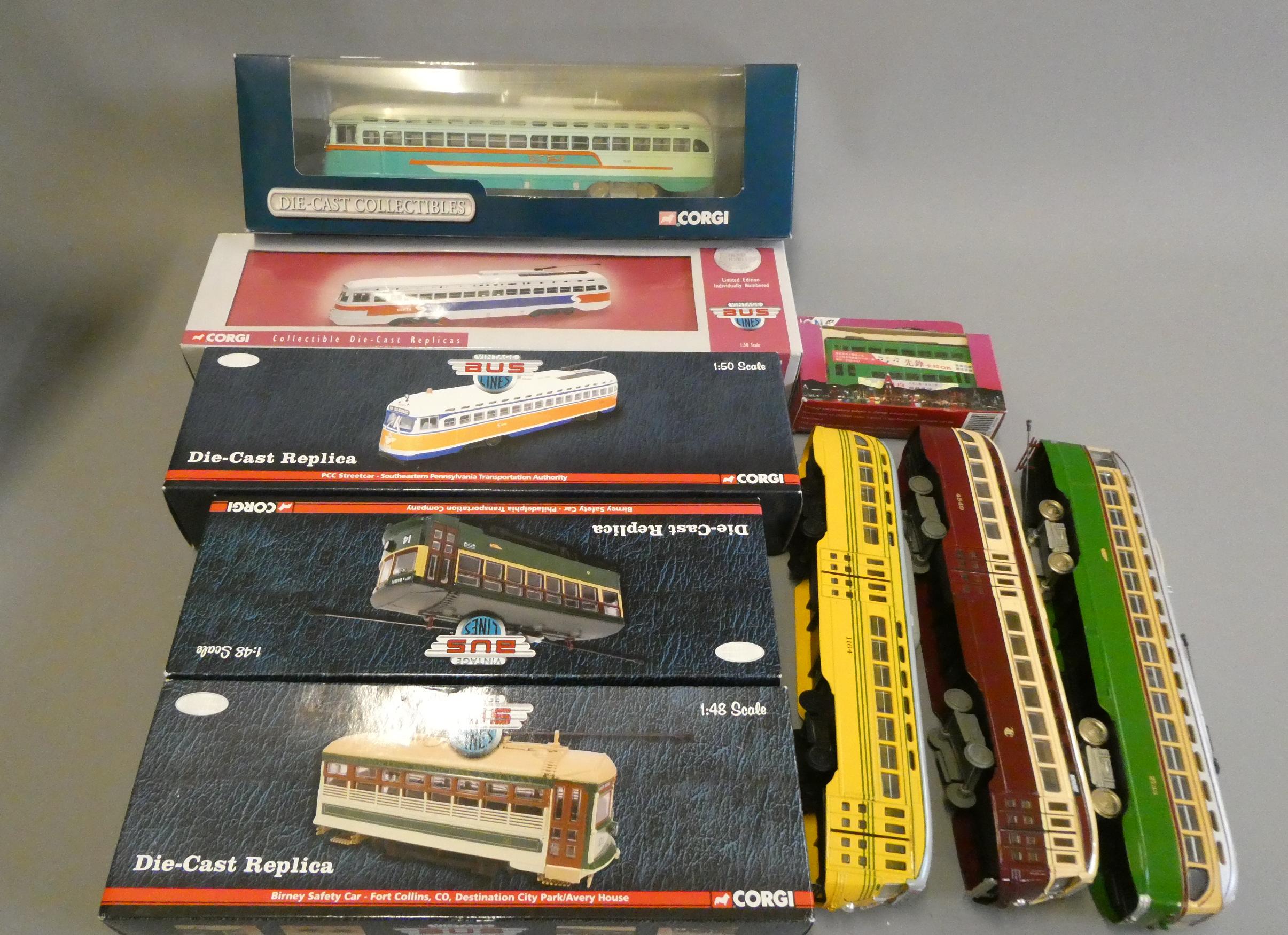 Nine diecast American tram models by Corgi. Most items boxed, good to excellent (Est. plus 24% Image