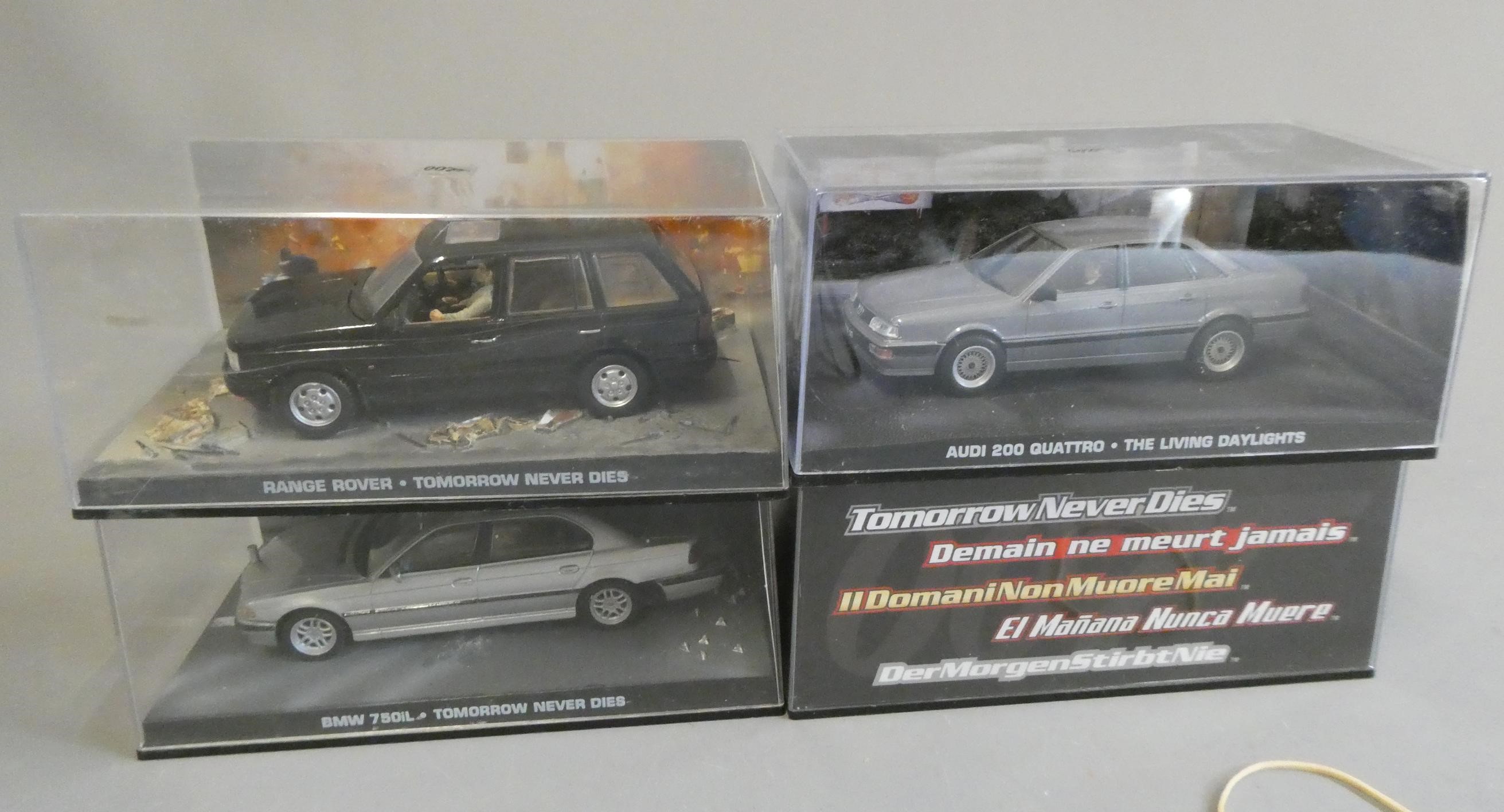 Four Eaglemoss James Bond Tomorrow Never Dies vehicles comprising BMW 750, Range Rover, Mercedes S Image