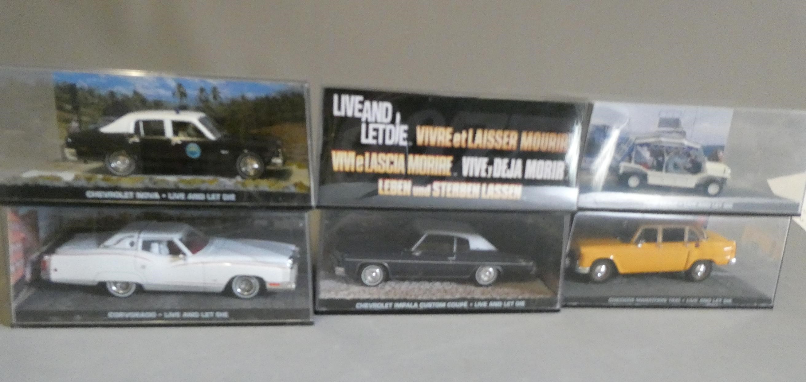Six Eaglemoss James Bond Live and Let Die vehicles comprising Checker Taxi, two Chevrolet impala, Image